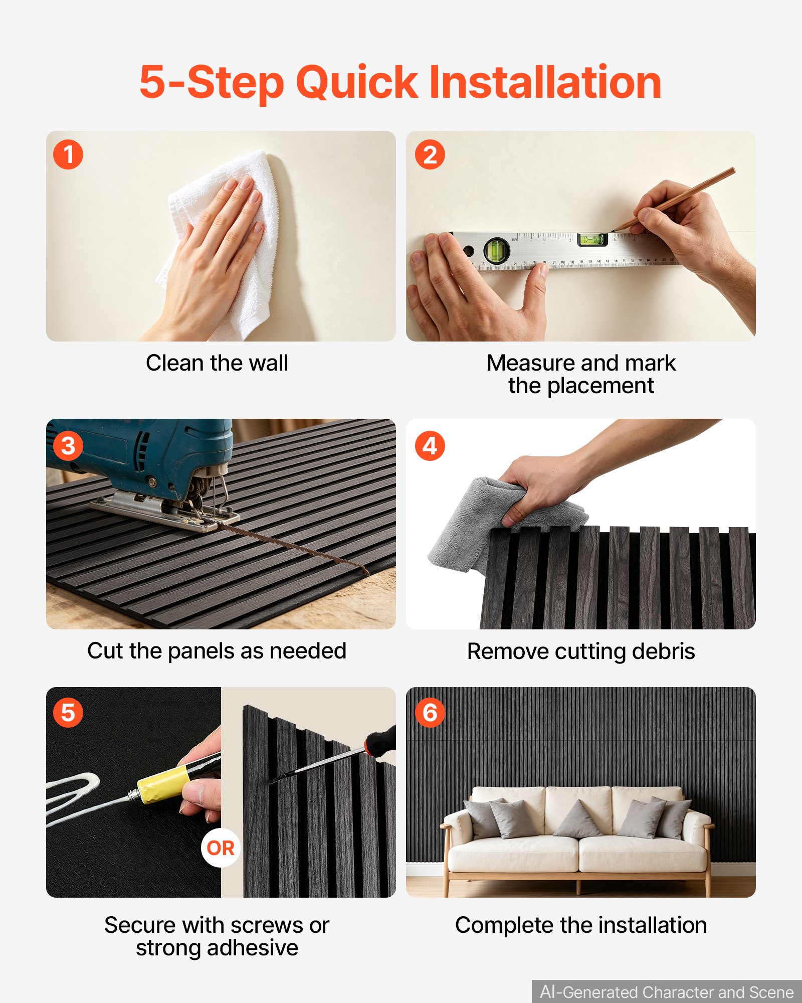 VEVOR Wood Wall Panels, 1200 x 600 mm, Acoustic Slat Panels, Black Gray, Sound Absorbing for Living Rooms, Bedrooms, Offices, and Studios, Interior Wall Decor, PET Construction, Screw Kit, 8-Pack