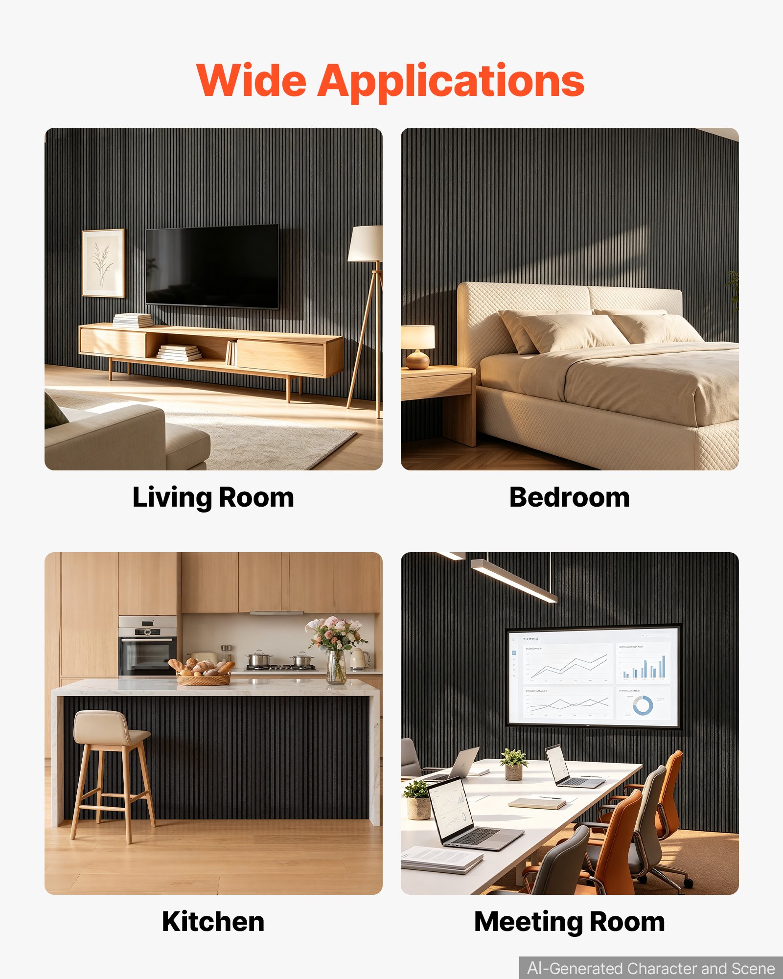 VEVOR Wood Wall Panels, 1200 x 600 mm, Acoustic Slat Panels, Black Gray, Sound Absorbing for Living Rooms, Bedrooms, Offices, and Studios, Interior Wall Decor, PET Construction, Screw Kit, 8-Pack