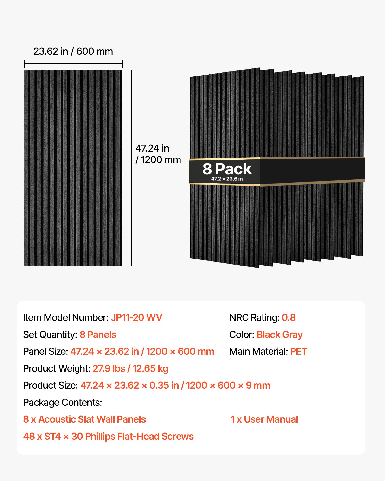 VEVOR Wood Wall Panels, 1200 x 600 mm, Acoustic Slat Panels, Black Gray, Sound Absorbing for Living Rooms, Bedrooms, Offices, and Studios, Interior Wall Decor, PET Construction, Screw Kit, 8-Pack