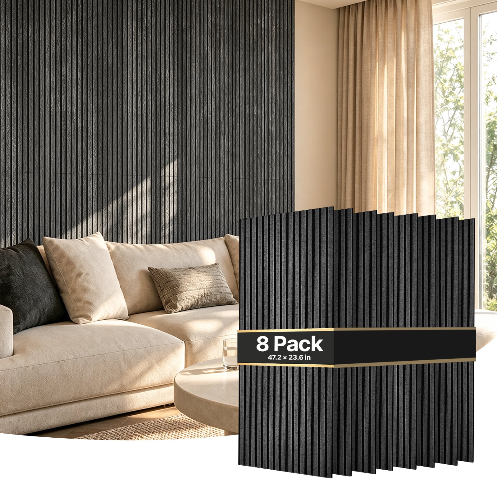 VEVOR Wood Wall Panels, 1200 x 600 mm, Acoustic Slat Panels, Black Gray, Sound Absorbing for Living Rooms, Bedrooms, Offices, and Studios, Interior Wall Decor, PET Construction, Screw Kit, 8-Pack