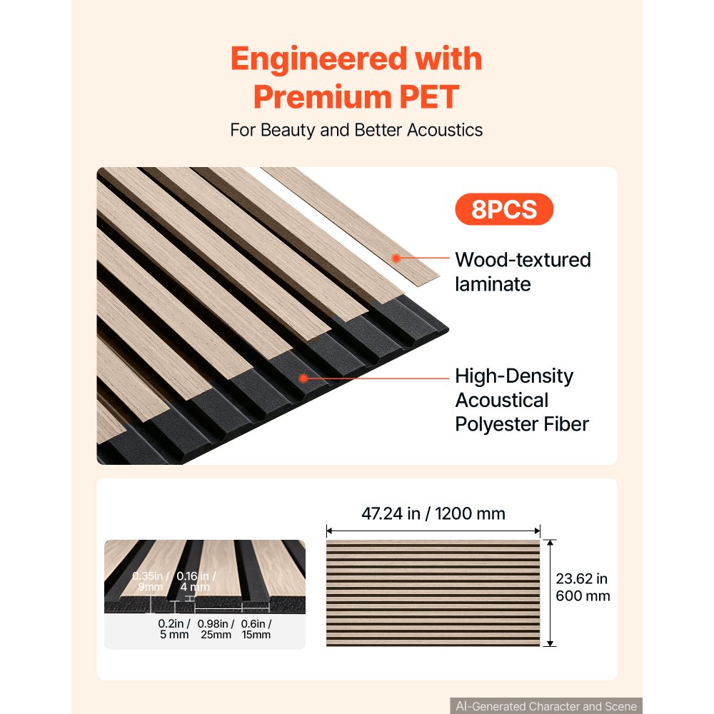 VEVOR Wood Wall Panels, 1200 x 600 mm, Walnut Acoustic Slat Panels, Sound Absorbing for Living Rooms, Bedrooms, Offices, and Studios, Interior Wall Decor, PET Construction, Screw Kit, 8-Pack