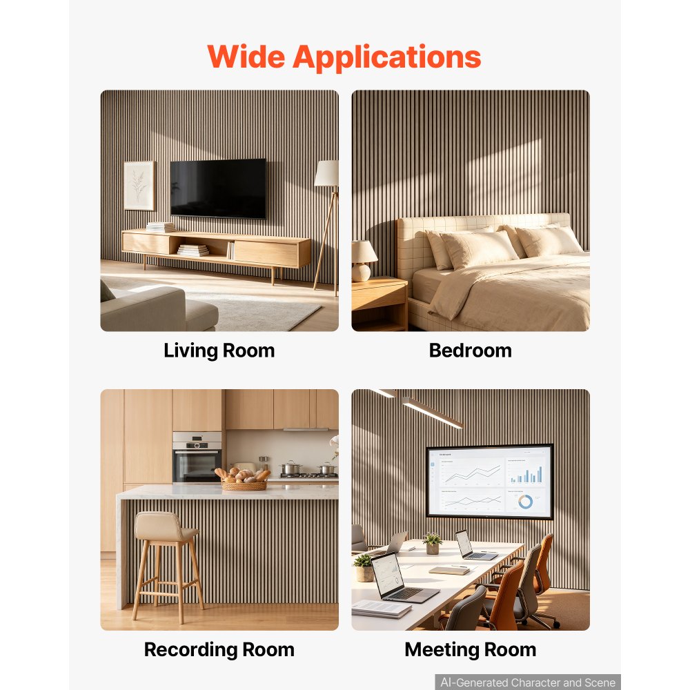 VEVOR Wood Wall Panels, 1200 x 600 mm, Walnut Acoustic Slat Panels, Sound Absorbing for Living Rooms, Bedrooms, Offices, and Studios, Interior Wall Decor, PET Construction, Screw Kit, 8-Pack