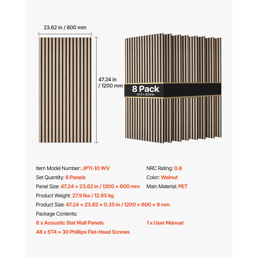 VEVOR Wood Wall Panels, 1200 x 600 mm, Walnut Acoustic Slat Panels, Sound Absorbing for Living Rooms, Bedrooms, Offices, and Studios, Interior Wall Decor, PET Construction, Screw Kit, 8-Pack