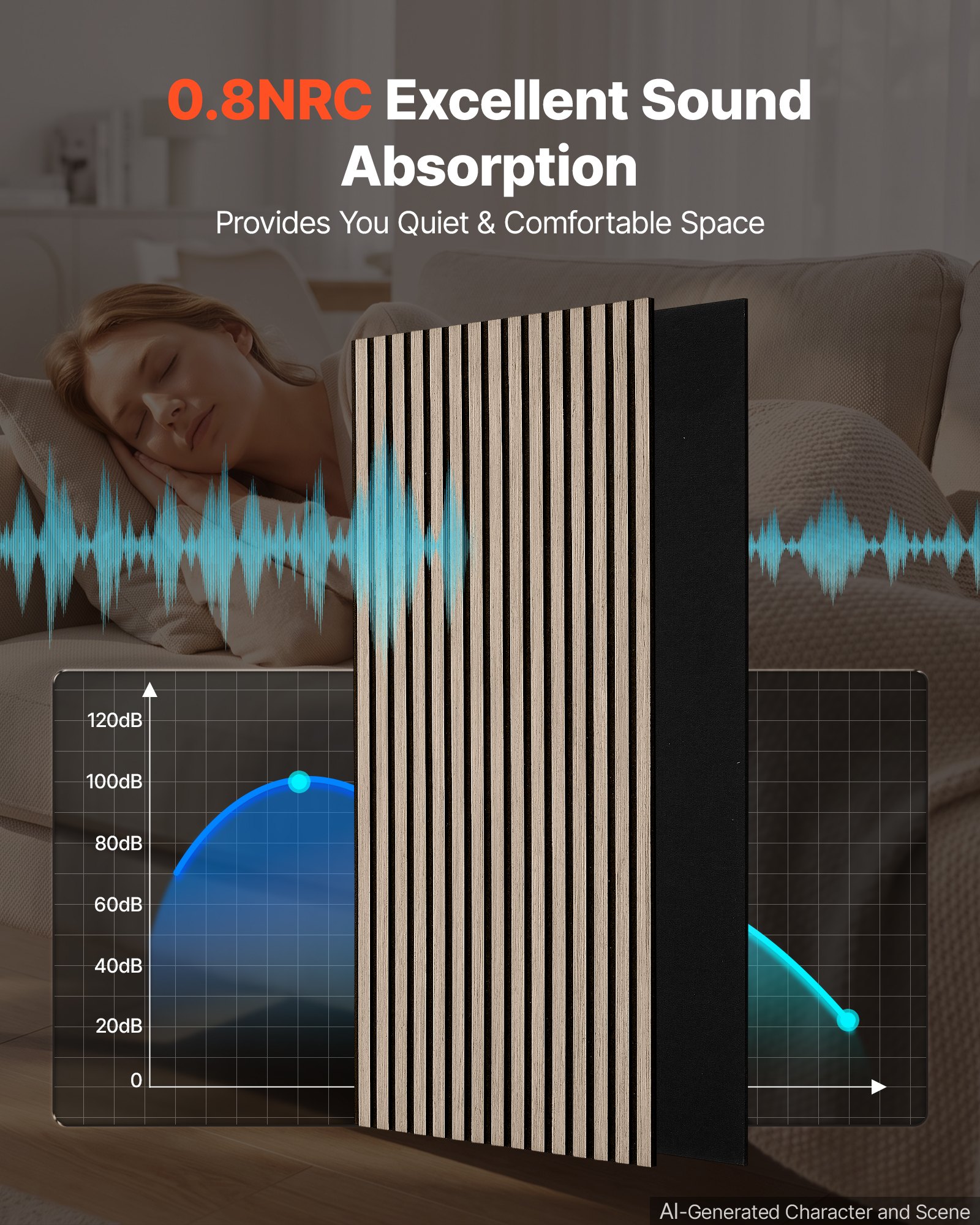 VEVOR Wood Wall Panels, 1200 x 600 mm, Walnut Acoustic Slat Panels, Sound Absorbing for Living Rooms, Bedrooms, Offices, and Studios, Interior Wall Decor, PET Construction, Screw Kit, 8-Pack