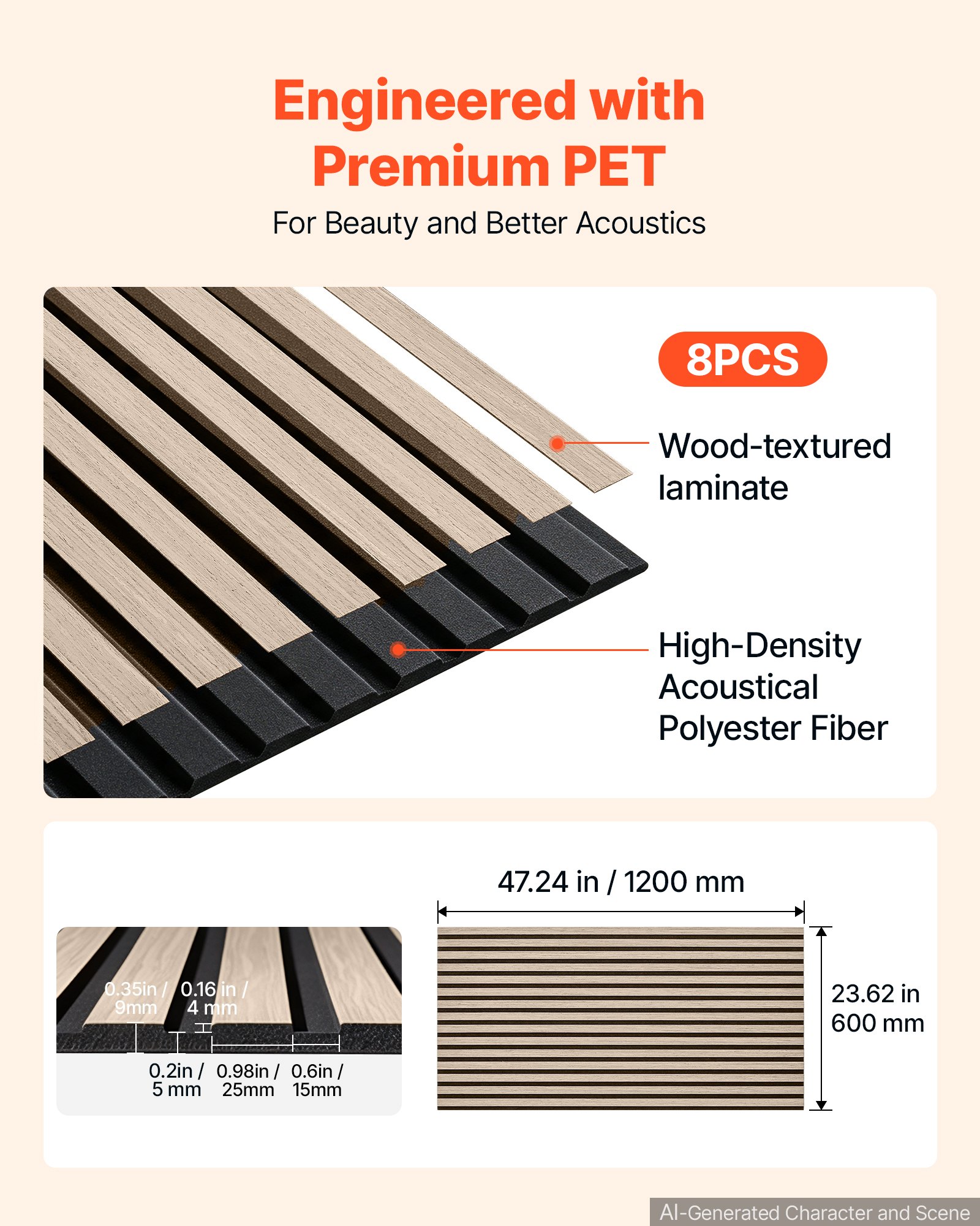 VEVOR Wood Wall Panels, 1200 x 600 mm, Walnut Acoustic Slat Panels, Sound Absorbing for Living Rooms, Bedrooms, Offices, and Studios, Interior Wall Decor, PET Construction, Screw Kit, 8-Pack