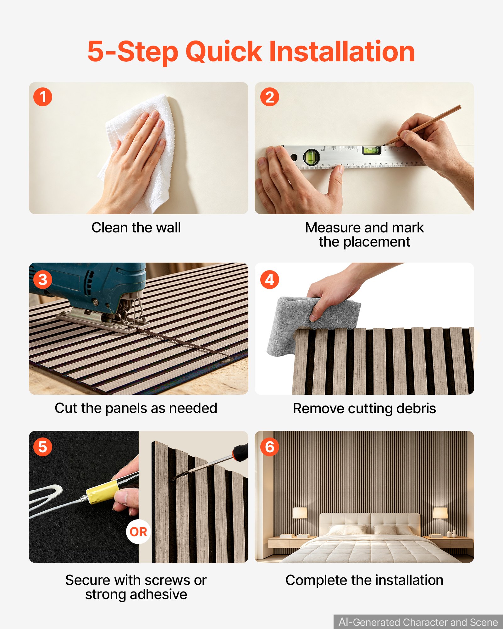 VEVOR Wood Wall Panels, 1200 x 600 mm, Walnut Acoustic Slat Panels, Sound Absorbing for Living Rooms, Bedrooms, Offices, and Studios, Interior Wall Decor, PET Construction, Screw Kit, 8-Pack
