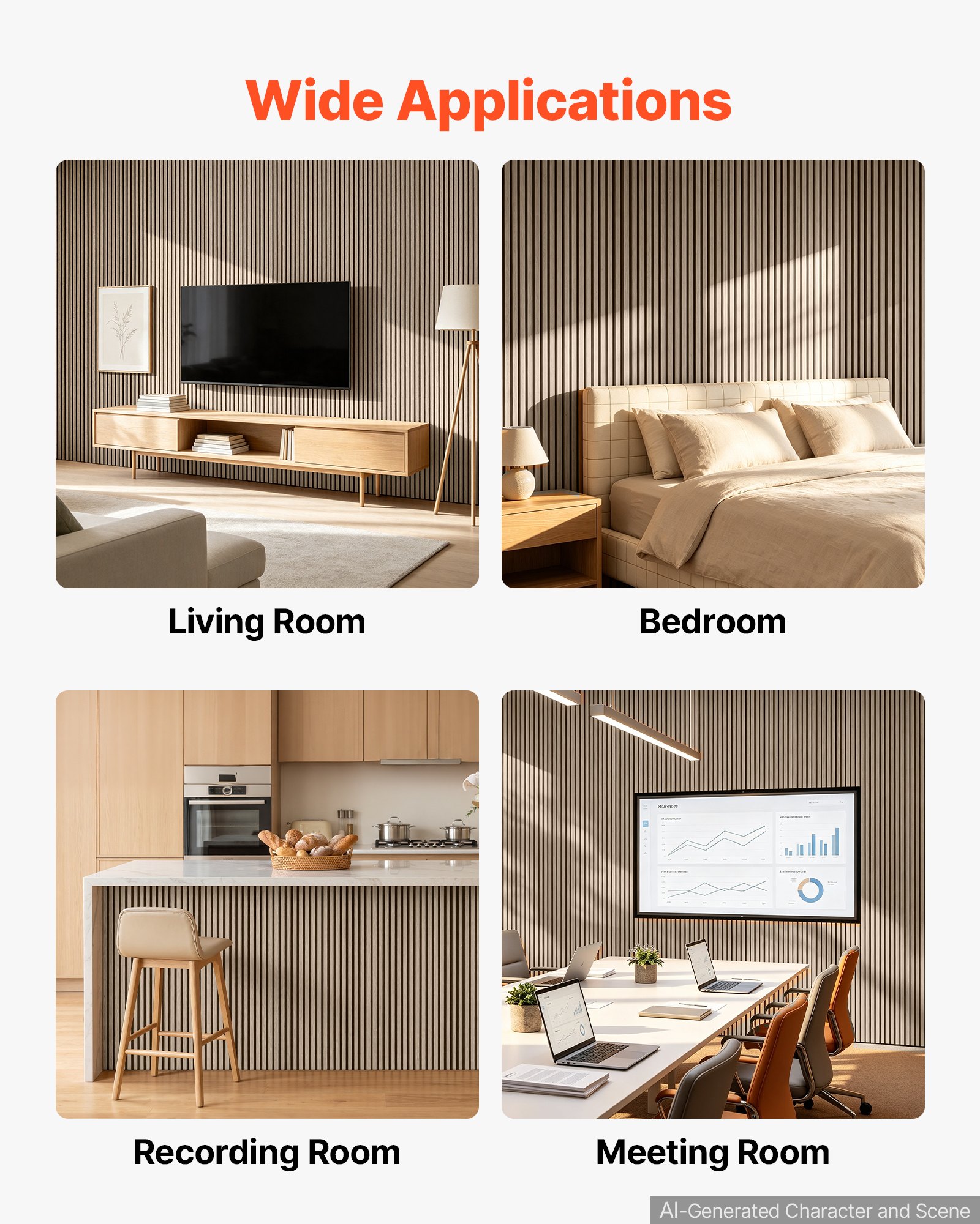 VEVOR Wood Wall Panels, 1200 x 600 mm, Walnut Acoustic Slat Panels, Sound Absorbing for Living Rooms, Bedrooms, Offices, and Studios, Interior Wall Decor, PET Construction, Screw Kit, 8-Pack
