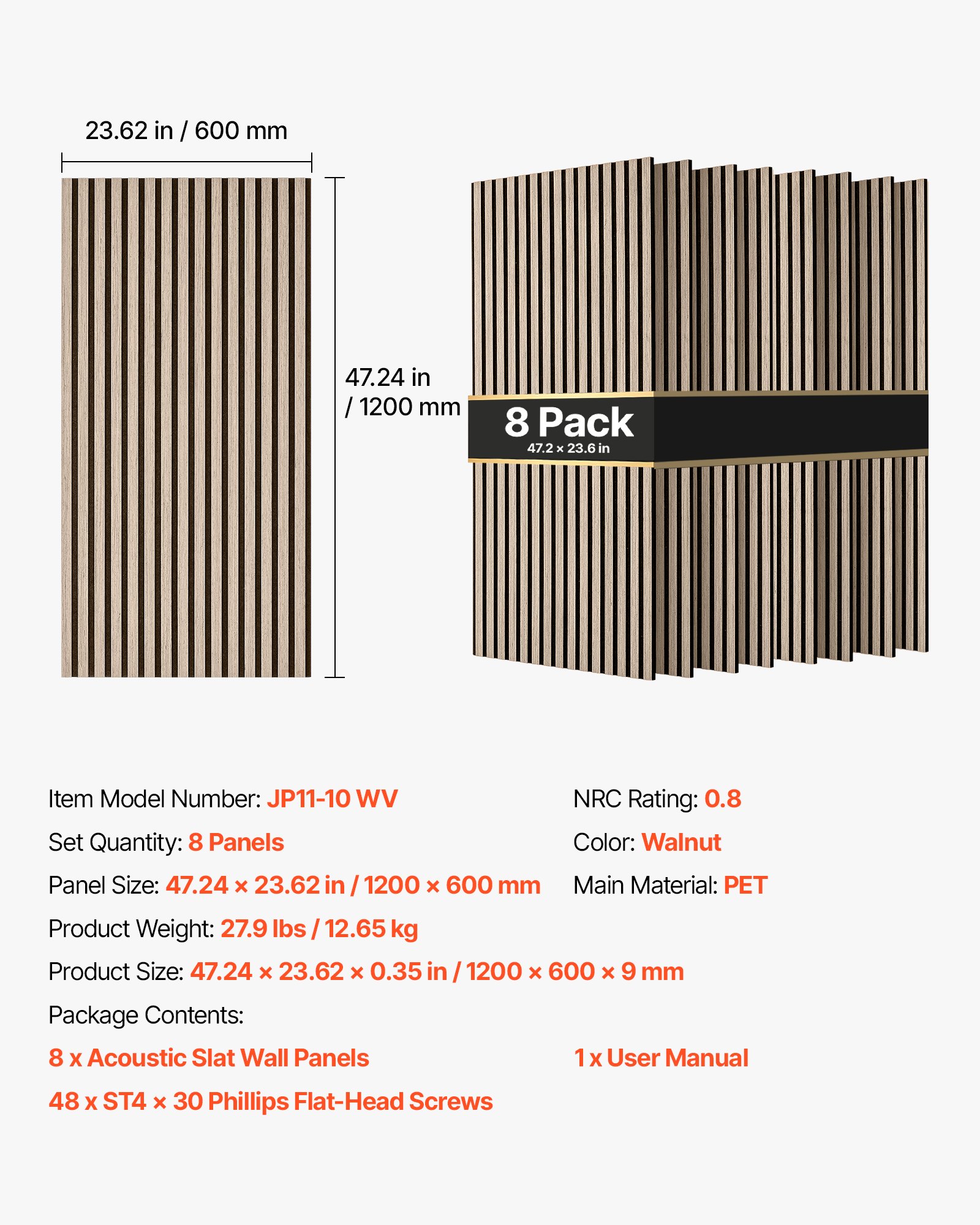 VEVOR Wood Wall Panels, 1200 x 600 mm, Walnut Acoustic Slat Panels, Sound Absorbing for Living Rooms, Bedrooms, Offices, and Studios, Interior Wall Decor, PET Construction, Screw Kit, 8-Pack