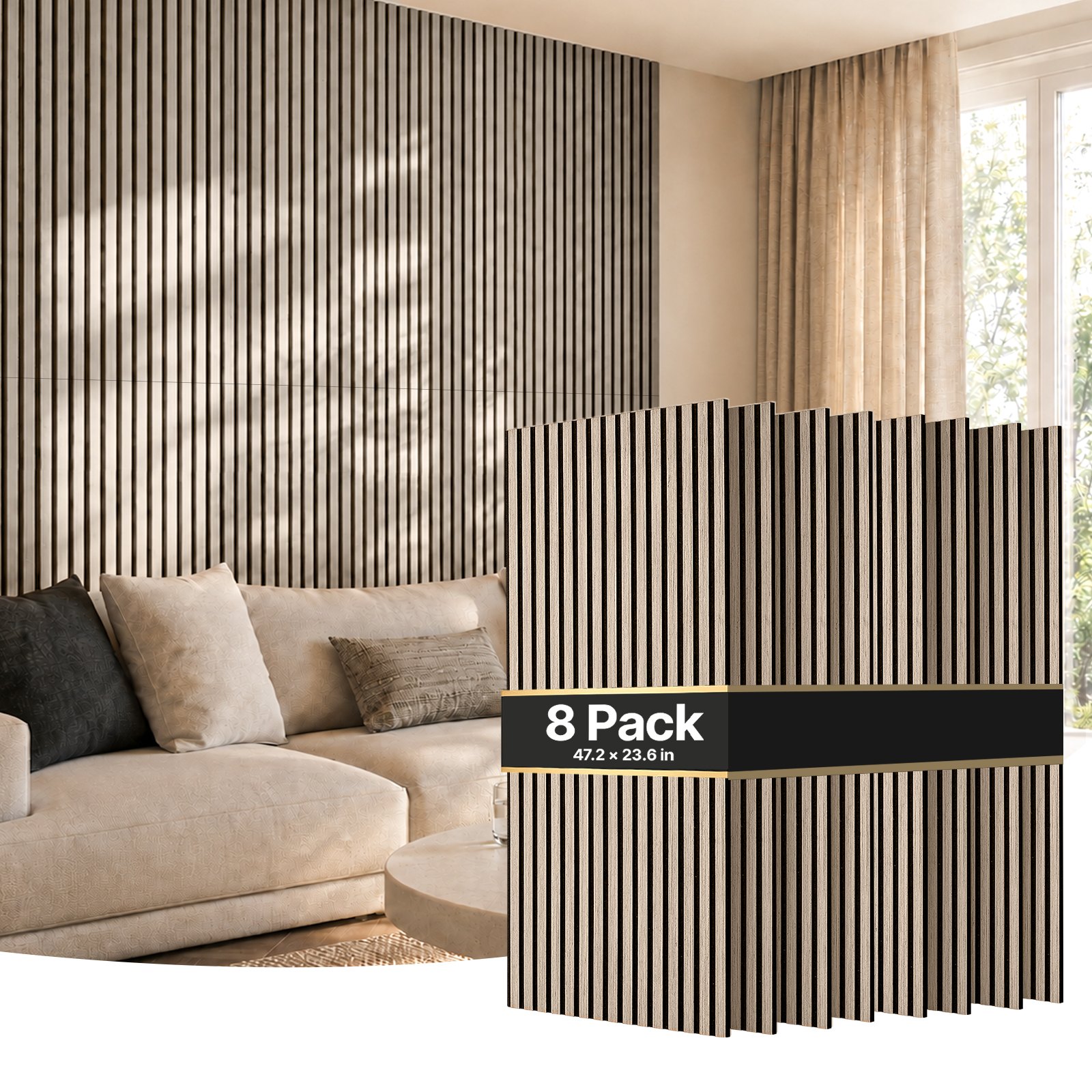 VEVOR Wood Wall Panels, 1200 x 600 mm, Walnut Acoustic Slat Panels, Sound Absorbing for Living Rooms, Bedrooms, Offices, and Studios, Interior Wall Decor, PET Construction, Screw Kit, 8-Pack