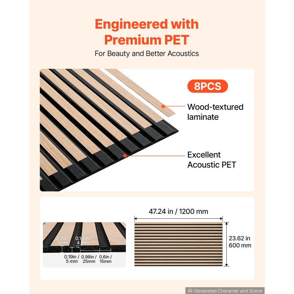 VEVOR Wood Wall Panels, 1200 x 600 mm, Oak Acoustic Slat Panels, Sound Absorbing for Living Rooms, Bedrooms, Offices, and Studios, Interior Wall Decor, PET Construction, Screw Kit, 8-Pack