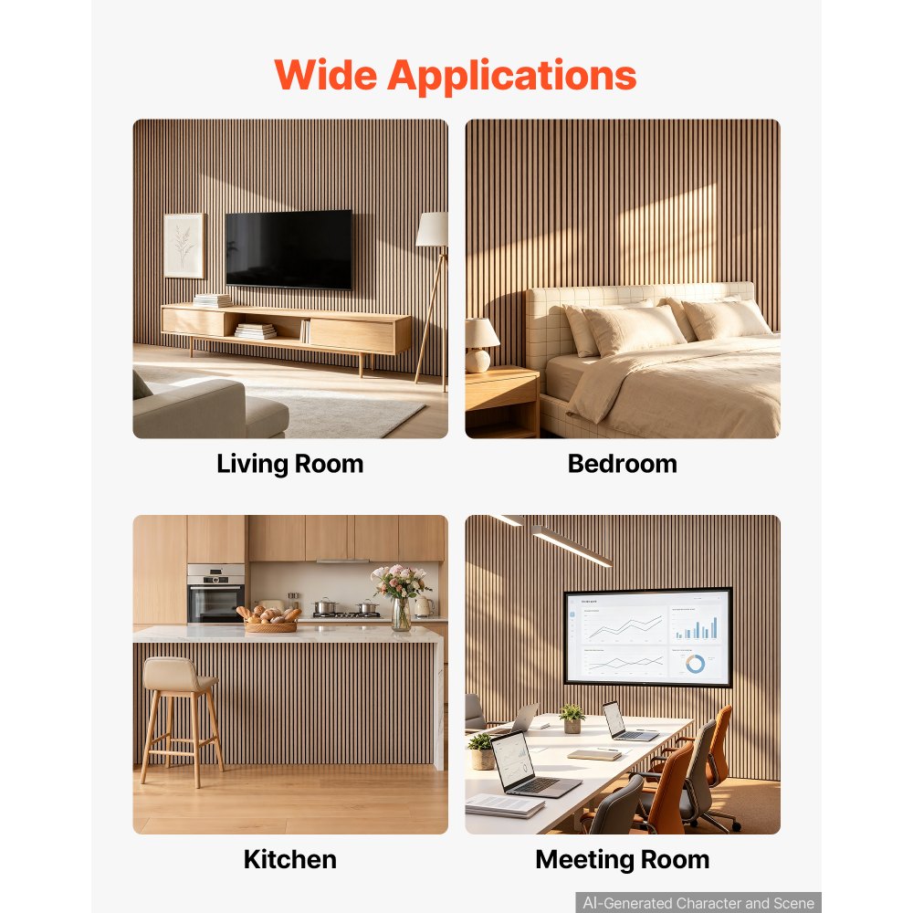 VEVOR Wood Wall Panels, 1200 x 600 mm, Oak Acoustic Slat Panels, Sound Absorbing for Living Rooms, Bedrooms, Offices, and Studios, Interior Wall Decor, PET Construction, Screw Kit, 8-Pack