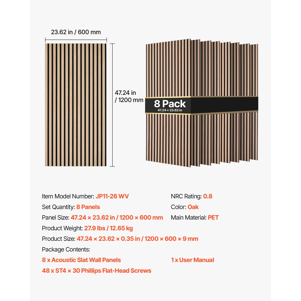 VEVOR Wood Wall Panels, 1200 x 600 mm, Oak Acoustic Slat Panels, Sound Absorbing for Living Rooms, Bedrooms, Offices, and Studios, Interior Wall Decor, PET Construction, Screw Kit, 8-Pack