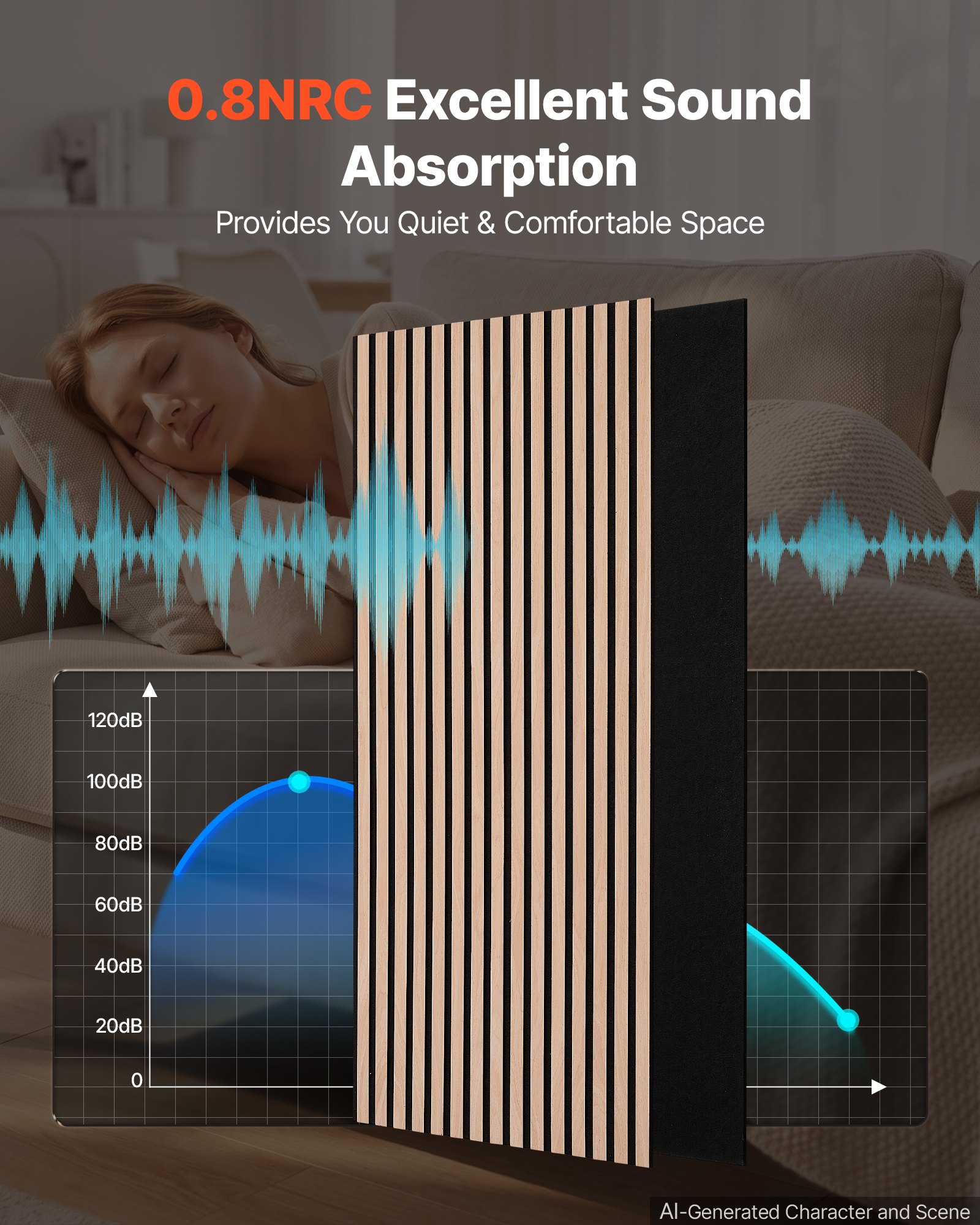 VEVOR Wood Wall Panels, 1200 x 600 mm, Oak Acoustic Slat Panels, Sound Absorbing for Living Rooms, Bedrooms, Offices, and Studios, Interior Wall Decor, PET Construction, Screw Kit, 8-Pack