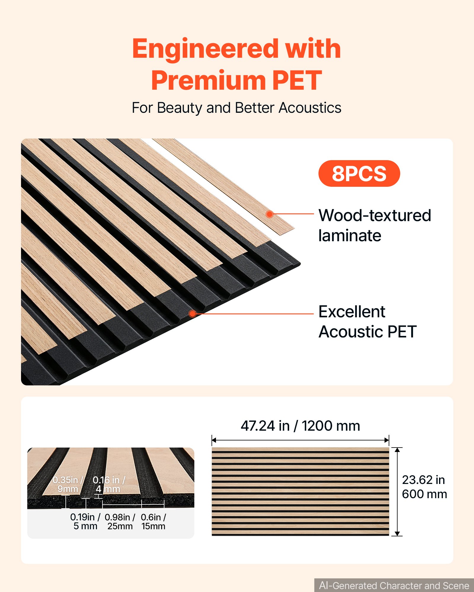 VEVOR Wood Wall Panels, 1200 x 600 mm, Oak Acoustic Slat Panels, Sound Absorbing for Living Rooms, Bedrooms, Offices, and Studios, Interior Wall Decor, PET Construction, Screw Kit, 8-Pack