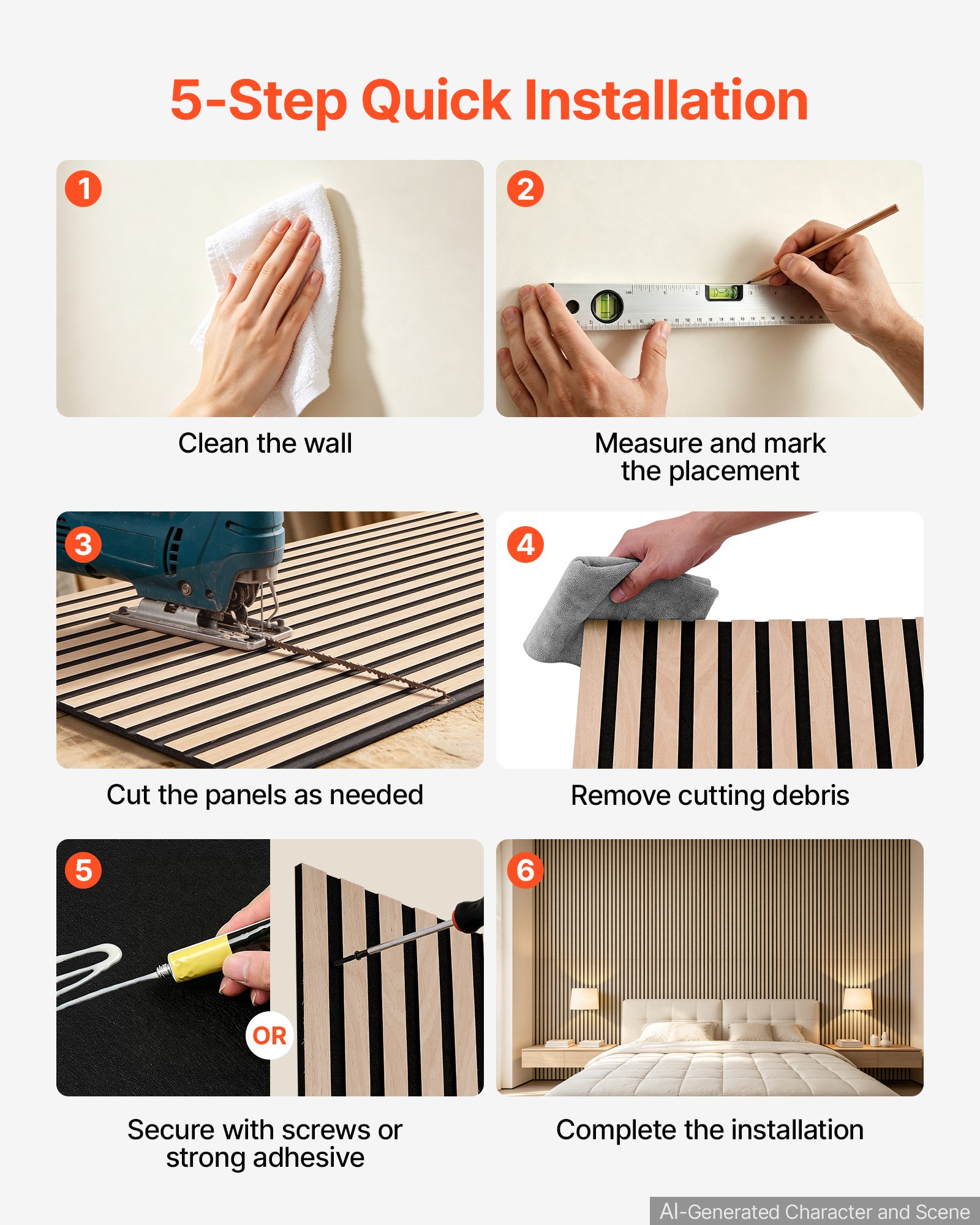 VEVOR Wood Wall Panels, 1200 x 600 mm, Oak Acoustic Slat Panels, Sound Absorbing for Living Rooms, Bedrooms, Offices, and Studios, Interior Wall Decor, PET Construction, Screw Kit, 8-Pack