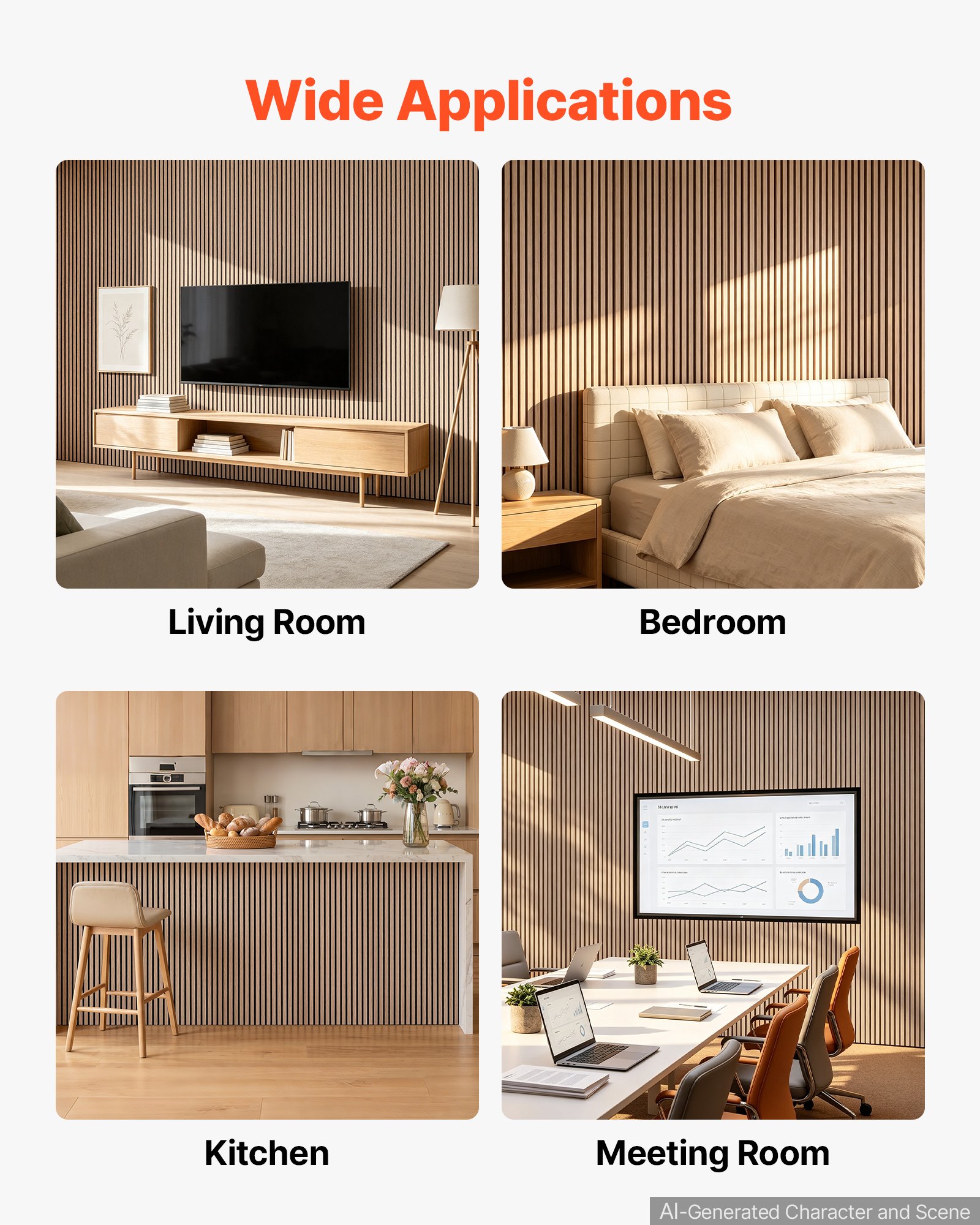 VEVOR Wood Wall Panels, 1200 x 600 mm, Oak Acoustic Slat Panels, Sound Absorbing for Living Rooms, Bedrooms, Offices, and Studios, Interior Wall Decor, PET Construction, Screw Kit, 8-Pack