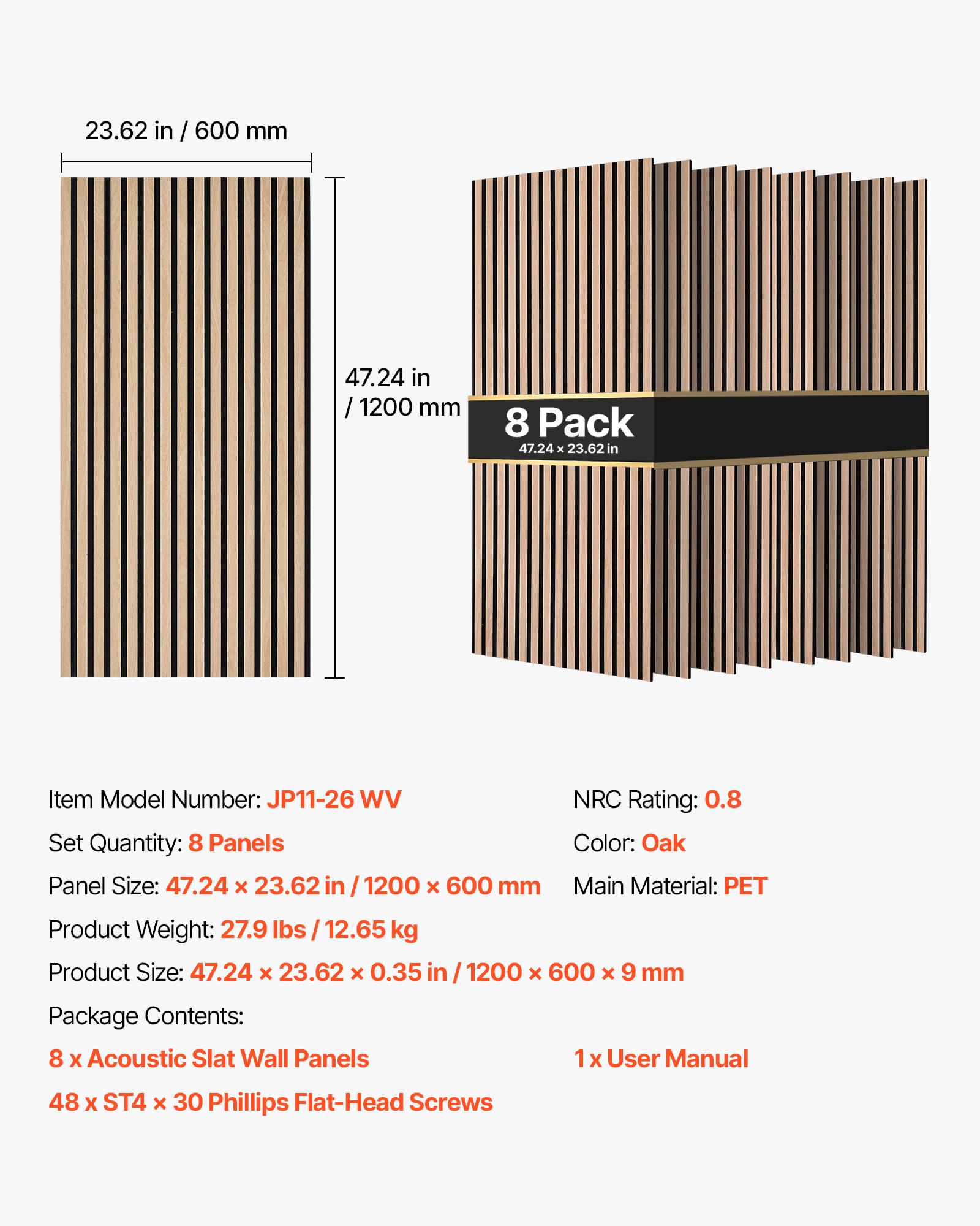 VEVOR Wood Wall Panels, 1200 x 600 mm, Oak Acoustic Slat Panels, Sound Absorbing for Living Rooms, Bedrooms, Offices, and Studios, Interior Wall Decor, PET Construction, Screw Kit, 8-Pack