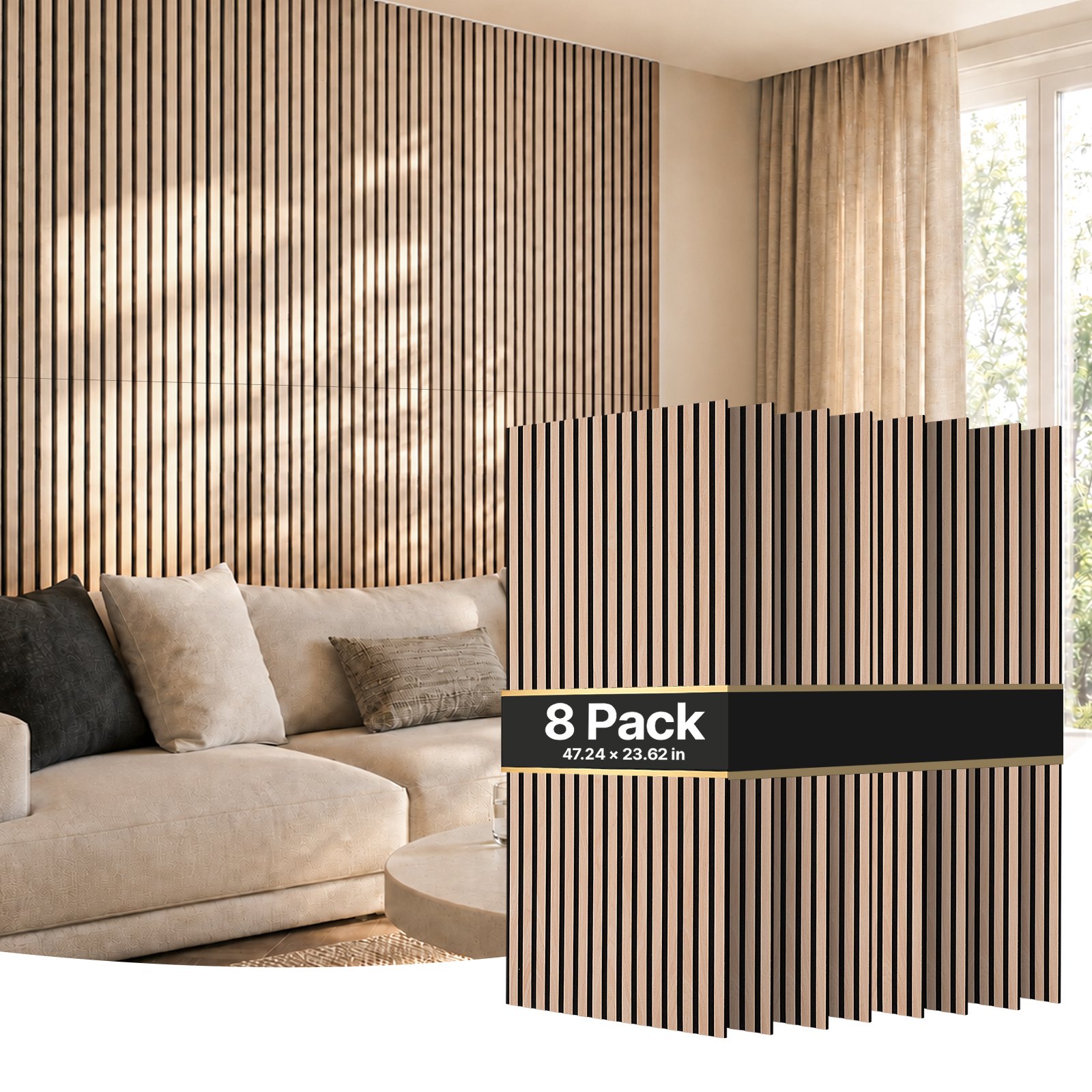 VEVOR Wood Wall Panels, 1200 x 600 mm, Oak Acoustic Slat Panels, Sound Absorbing for Living Rooms, Bedrooms, Offices, and Studios, Interior Wall Decor, PET Construction, Screw Kit, 8-Pack