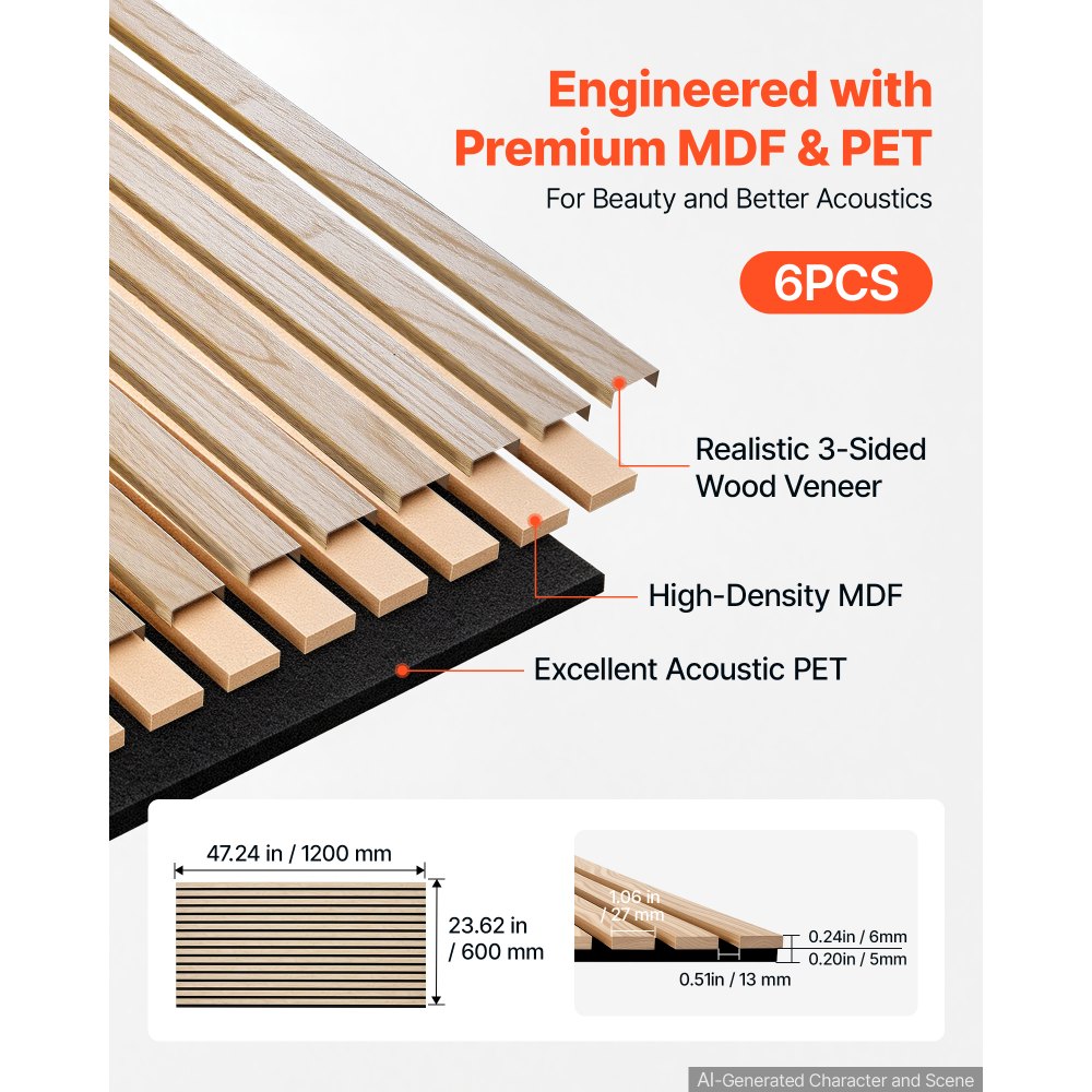 VEVOR Wood Wall Panels, 1200 x 600 mm, Acoustic Slat Panels, Oak Finish, Sound Absorbing for Living Rooms, Bedrooms, Offices, Studios, Interior Wall Decor, MDF & PET Construction, Screw Kit, 6-Pack