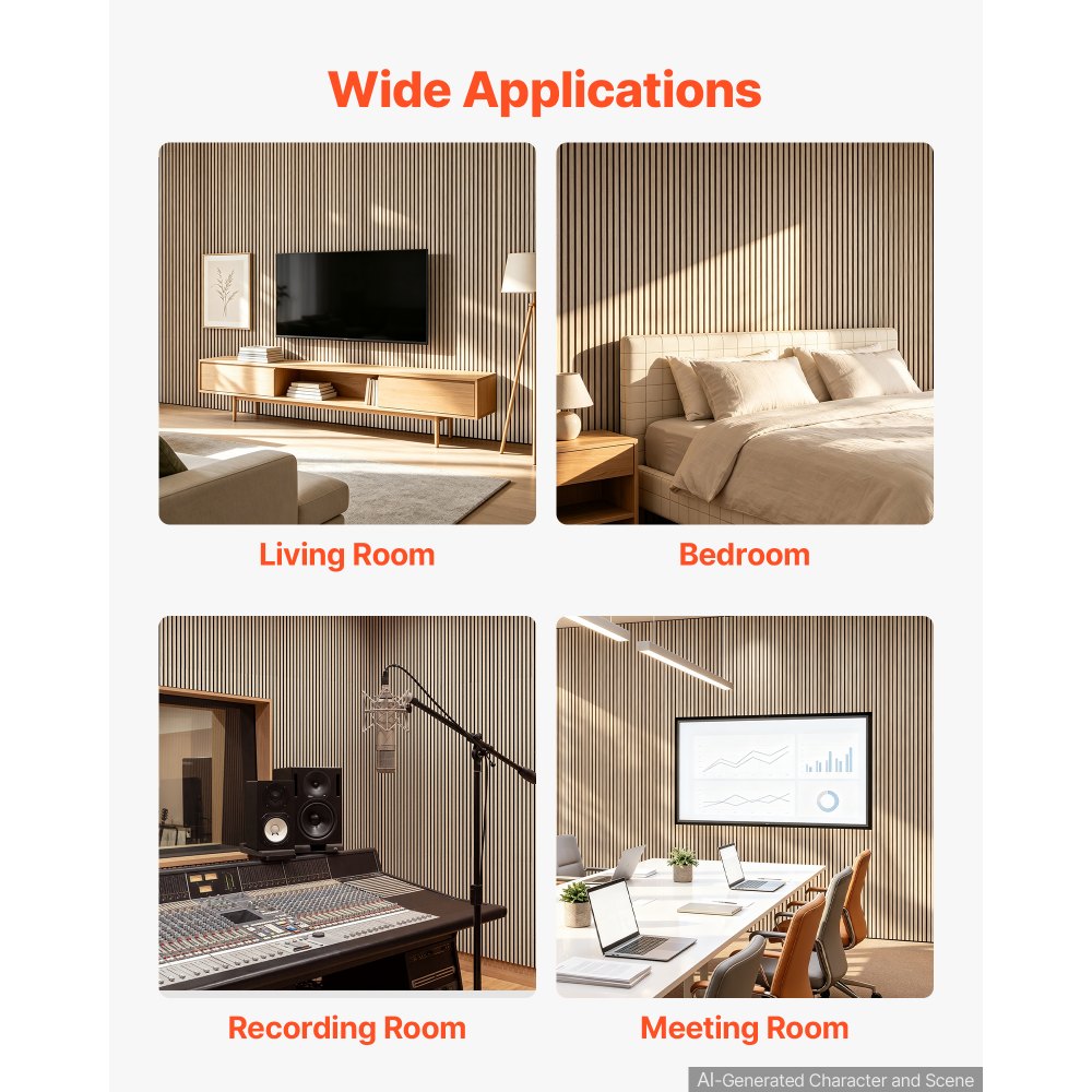 VEVOR Wood Wall Panels, 1200 x 600 mm, Acoustic Slat Panels, Oak Finish, Sound Absorbing for Living Rooms, Bedrooms, Offices, Studios, Interior Wall Decor, MDF & PET Construction, Screw Kit, 6-Pack