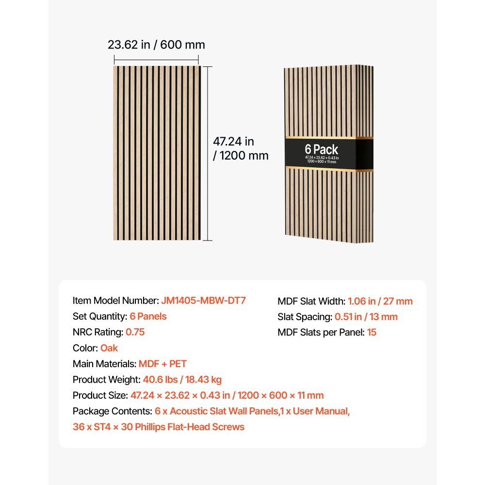 VEVOR Wood Wall Panels, 1200 x 600 mm, Acoustic Slat Panels, Oak Finish, Sound Absorbing for Living Rooms, Bedrooms, Offices, Studios, Interior Wall Decor, MDF & PET Construction, Screw Kit, 6-Pack
