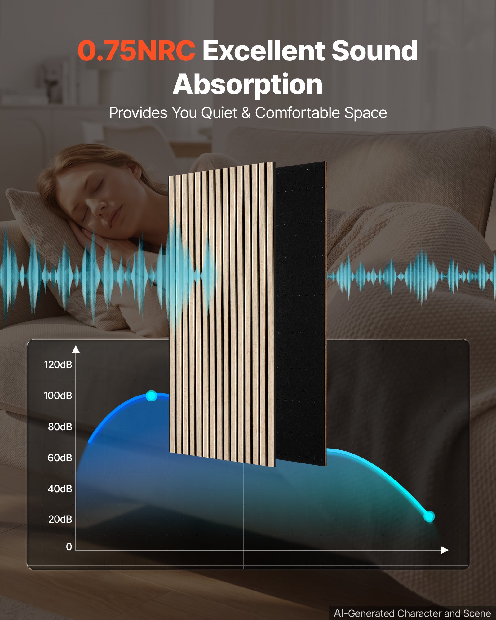VEVOR Wood Wall Panels, 1200 x 600 mm, Acoustic Slat Panels, Oak Finish, Sound Absorbing for Living Rooms, Bedrooms, Offices, Studios, Interior Wall Decor, MDF & PET Construction, Screw Kit, 6-Pack
