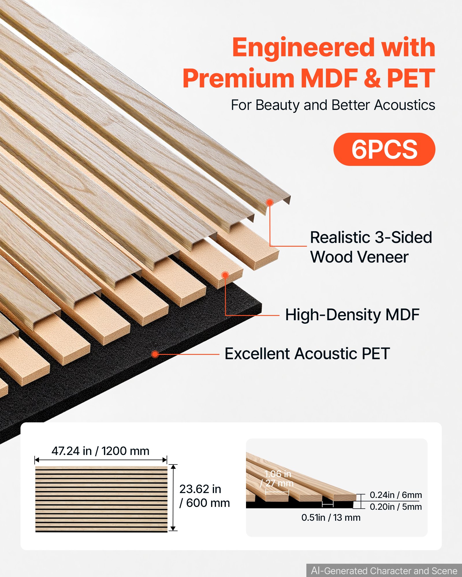 VEVOR Wood Wall Panels, 1200 x 600 mm, Acoustic Slat Panels, Oak Finish, Sound Absorbing for Living Rooms, Bedrooms, Offices, Studios, Interior Wall Decor, MDF & PET Construction, Screw Kit, 6-Pack