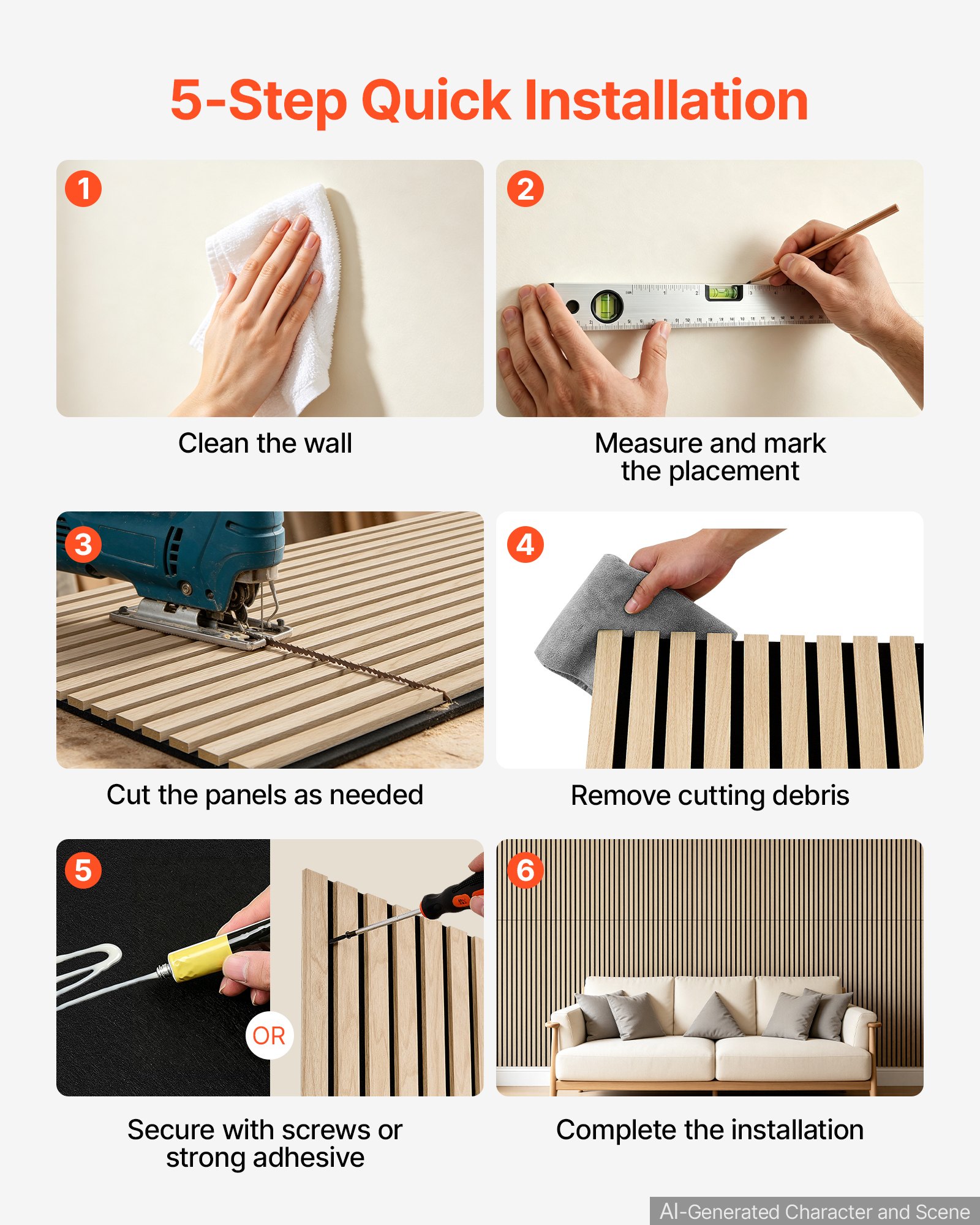 VEVOR Wood Wall Panels, 1200 x 600 mm, Acoustic Slat Panels, Oak Finish, Sound Absorbing for Living Rooms, Bedrooms, Offices, Studios, Interior Wall Decor, MDF & PET Construction, Screw Kit, 6-Pack