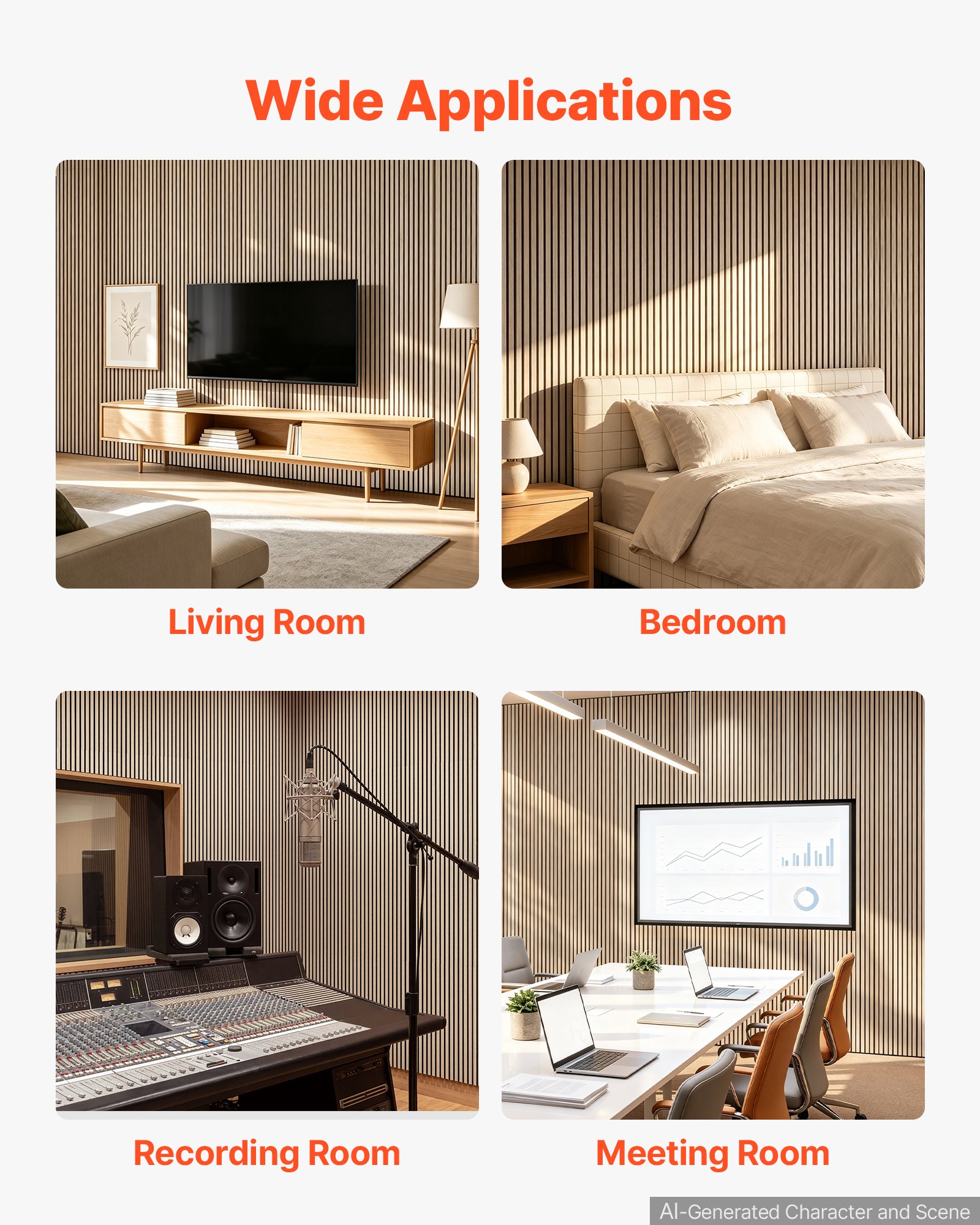 VEVOR Wood Wall Panels, 1200 x 600 mm, Acoustic Slat Panels, Oak Finish, Sound Absorbing for Living Rooms, Bedrooms, Offices, Studios, Interior Wall Decor, MDF & PET Construction, Screw Kit, 6-Pack