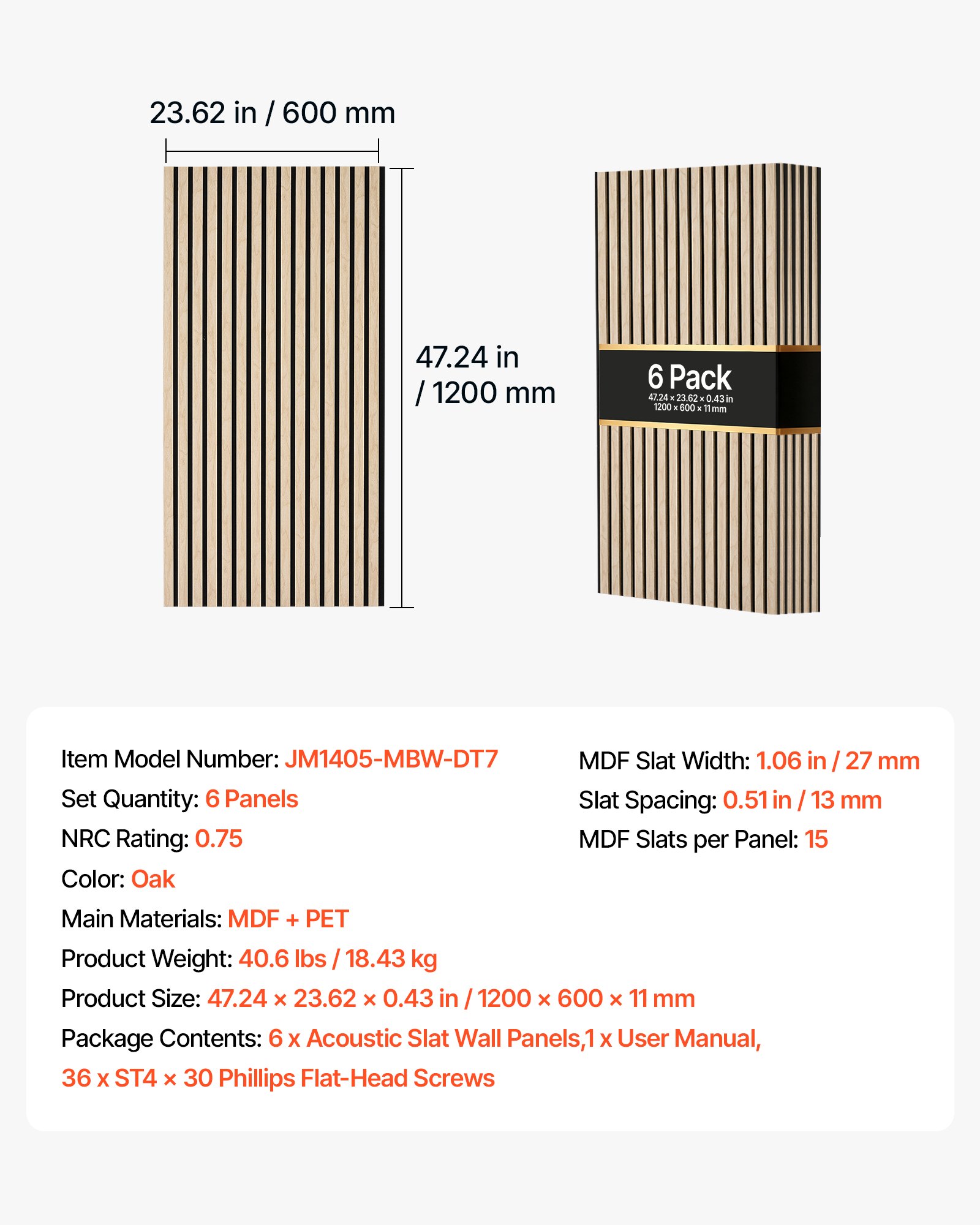 VEVOR Wood Wall Panels, 1200 x 600 mm, Acoustic Slat Panels, Oak Finish, Sound Absorbing for Living Rooms, Bedrooms, Offices, Studios, Interior Wall Decor, MDF & PET Construction, Screw Kit, 6-Pack