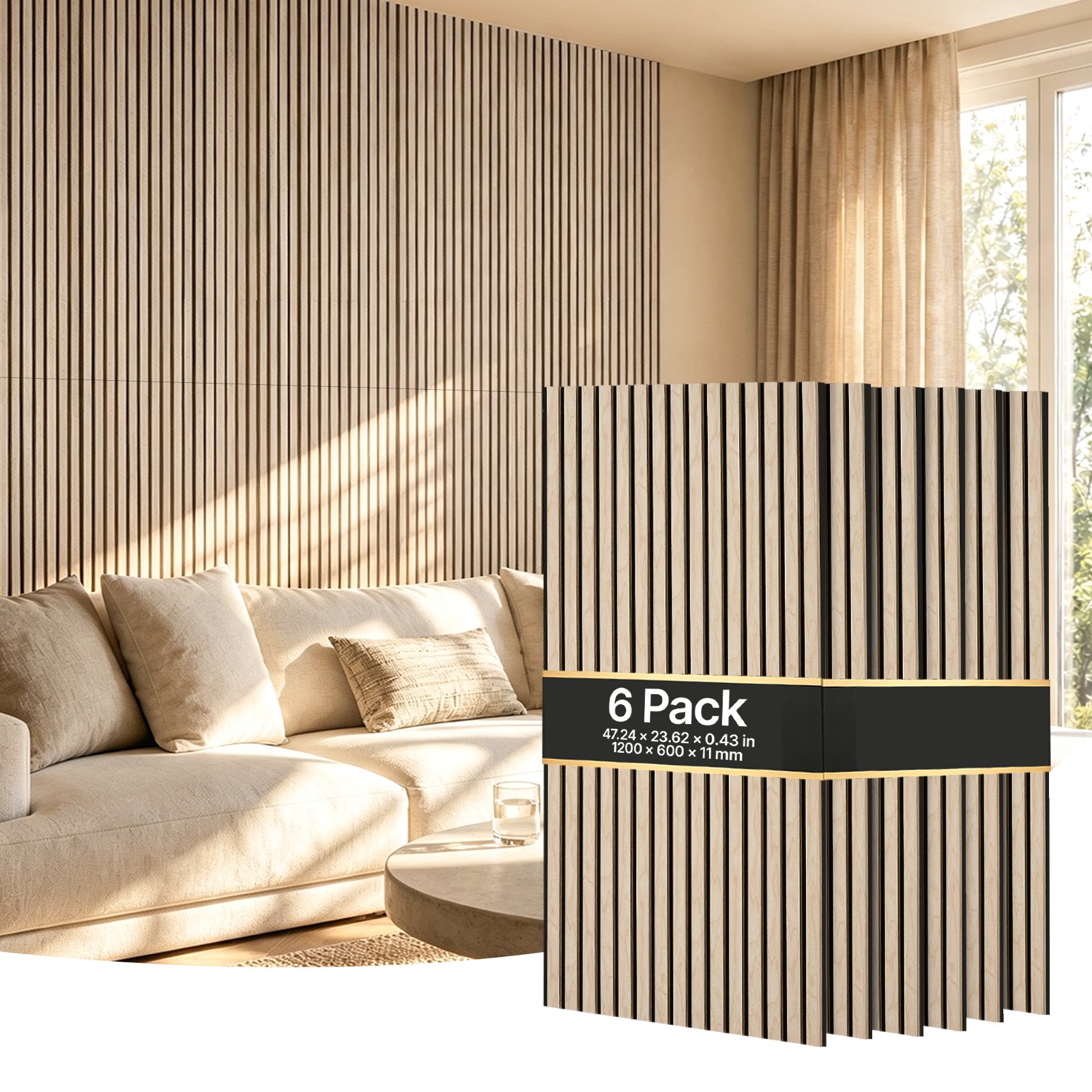VEVOR Wood Wall Panels, 1200 x 600 mm, Acoustic Slat Panels, Oak Finish, Sound Absorbing for Living Rooms, Bedrooms, Offices, Studios, Interior Wall Decor, MDF & PET Construction, Screw Kit, 6-Pack