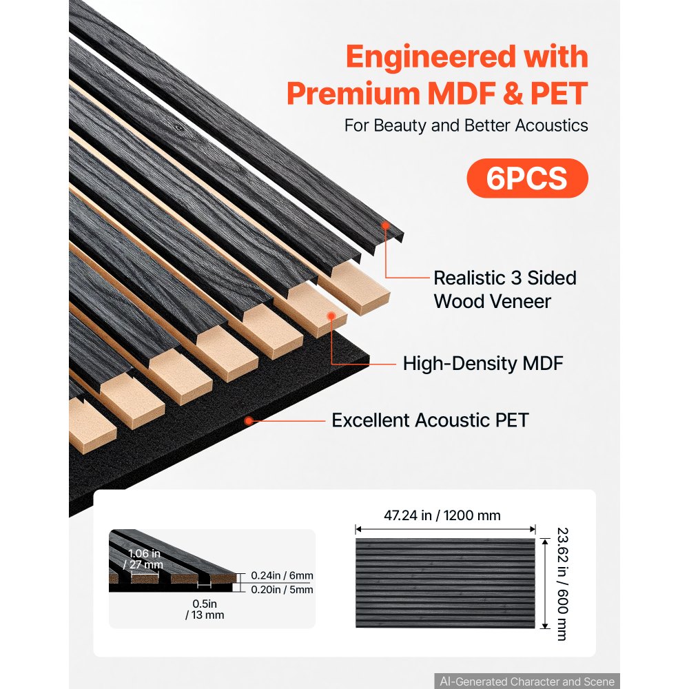 VEVOR Wood Wall Panels, 1200 x 600 mm, Acoustic Slat Panels, Black Oak, Sound Absorbing for Living Rooms, Bedrooms, Offices, Studios, Interior Wall Decor, MDF & PET Construction, Screw Kit, 6-Pack