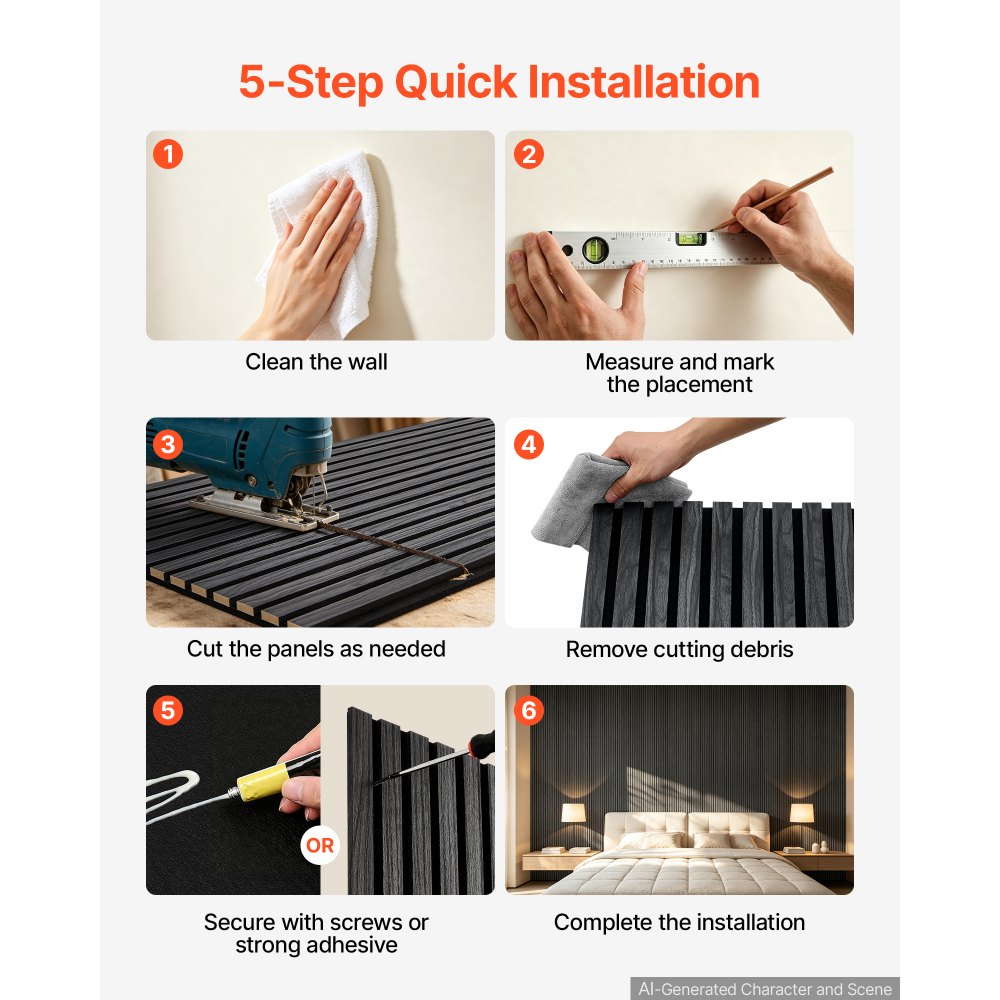 VEVOR Wood Wall Panels, 1200 x 600 mm, Acoustic Slat Panels, Black Oak, Sound Absorbing for Living Rooms, Bedrooms, Offices, Studios, Interior Wall Decor, MDF & PET Construction, Screw Kit, 6-Pack