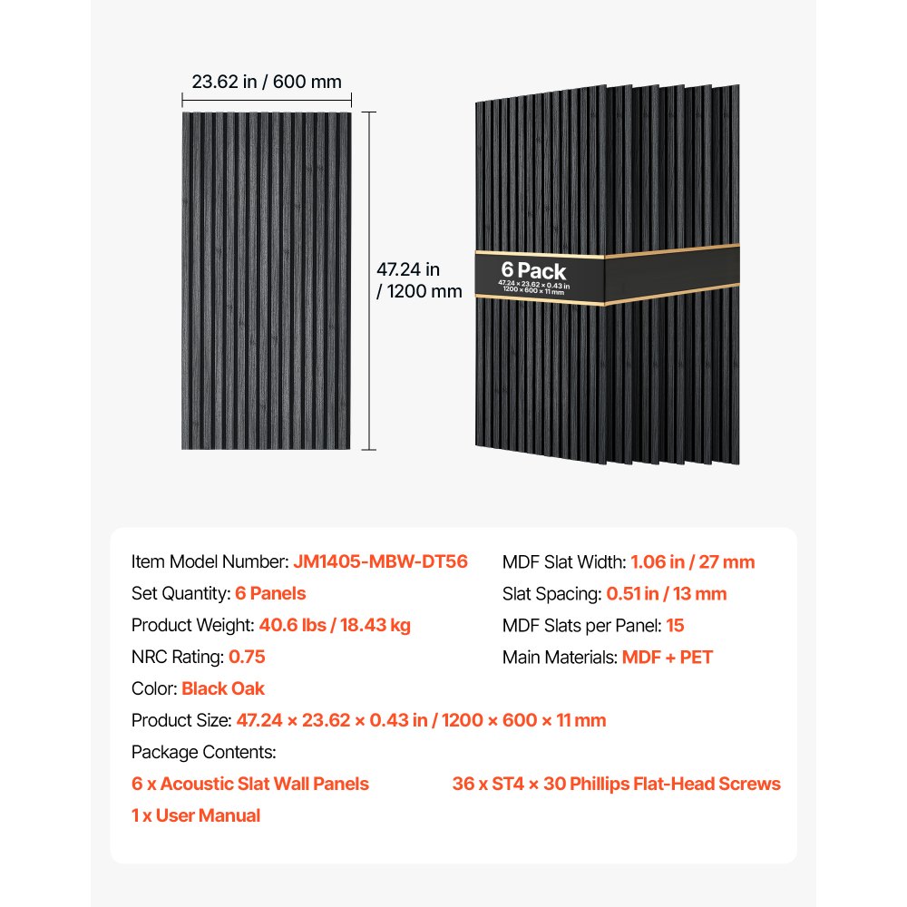 VEVOR Wood Wall Panels, 1200 x 600 mm, Acoustic Slat Panels, Black Oak, Sound Absorbing for Living Rooms, Bedrooms, Offices, Studios, Interior Wall Decor, MDF & PET Construction, Screw Kit, 6-Pack