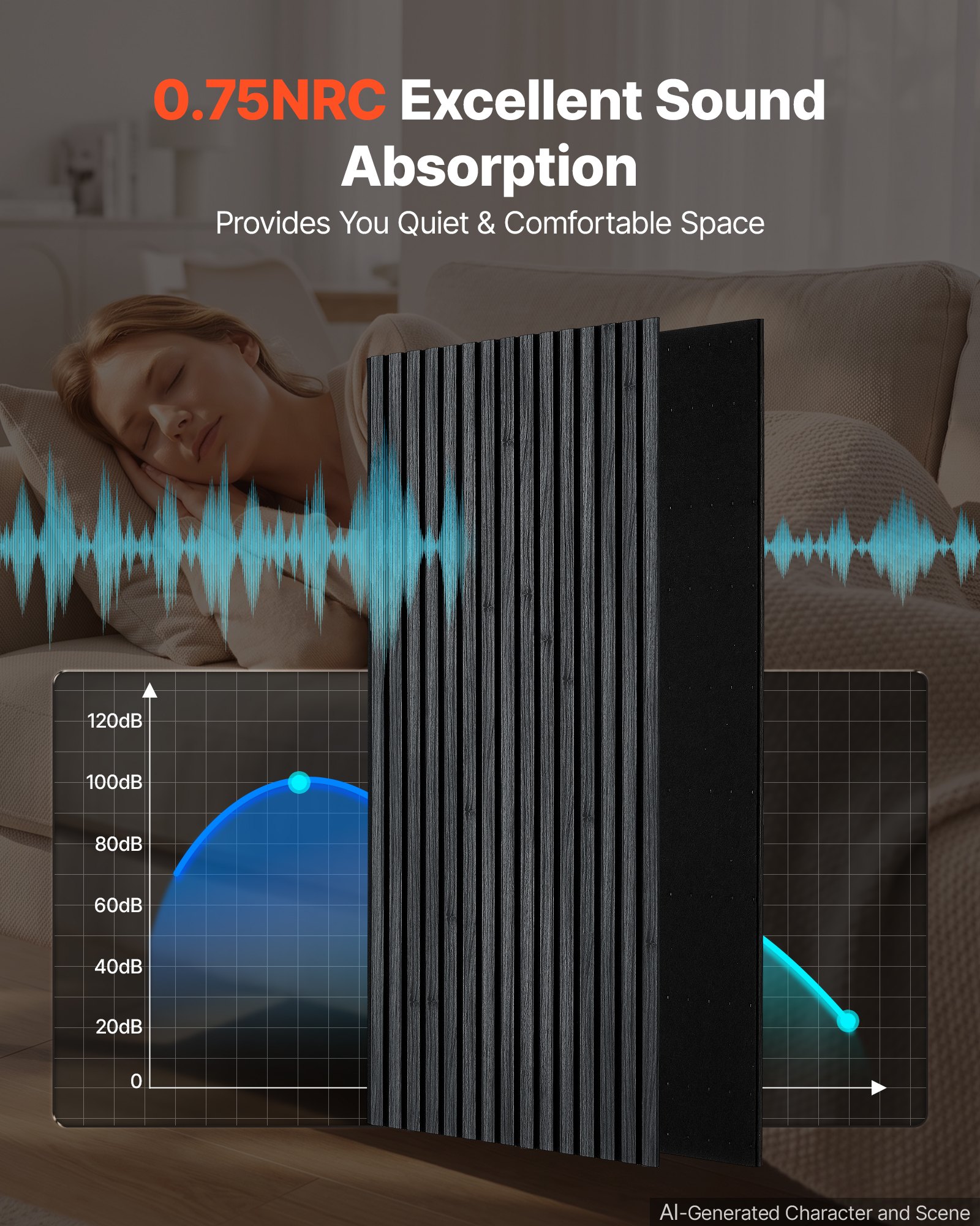 VEVOR Wood Wall Panels, 1200 x 600 mm, Acoustic Slat Panels, Black Oak, Sound Absorbing for Living Rooms, Bedrooms, Offices, Studios, Interior Wall Decor, MDF & PET Construction, Screw Kit, 6-Pack