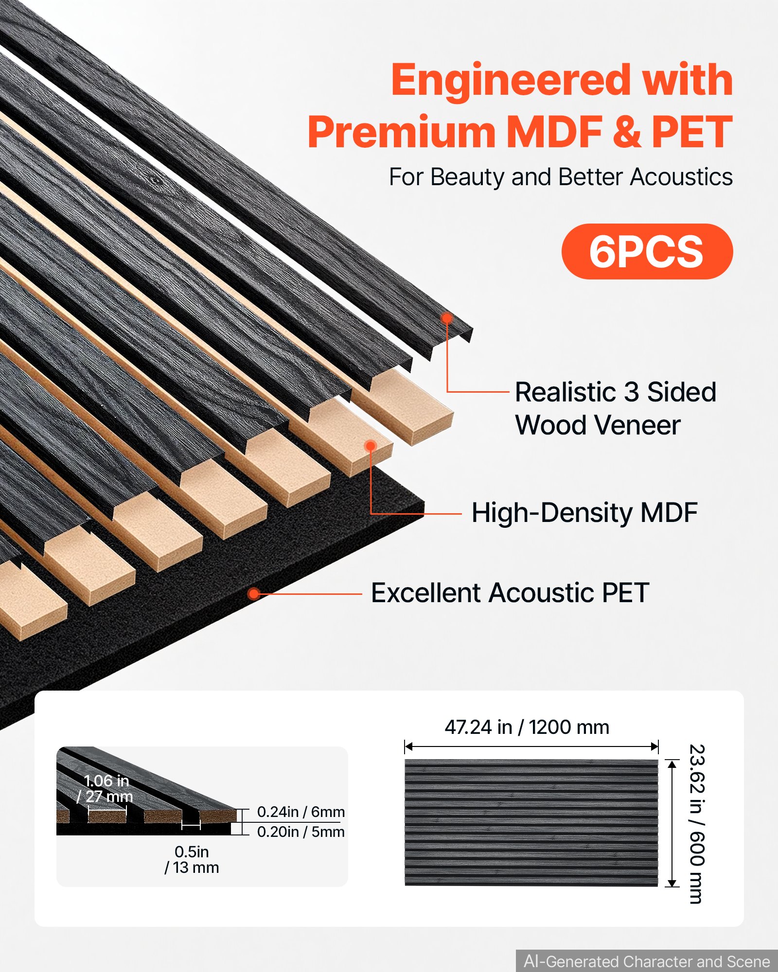 VEVOR Wood Wall Panels, 1200 x 600 mm, Acoustic Slat Panels, Black Oak, Sound Absorbing for Living Rooms, Bedrooms, Offices, Studios, Interior Wall Decor, MDF & PET Construction, Screw Kit, 6-Pack