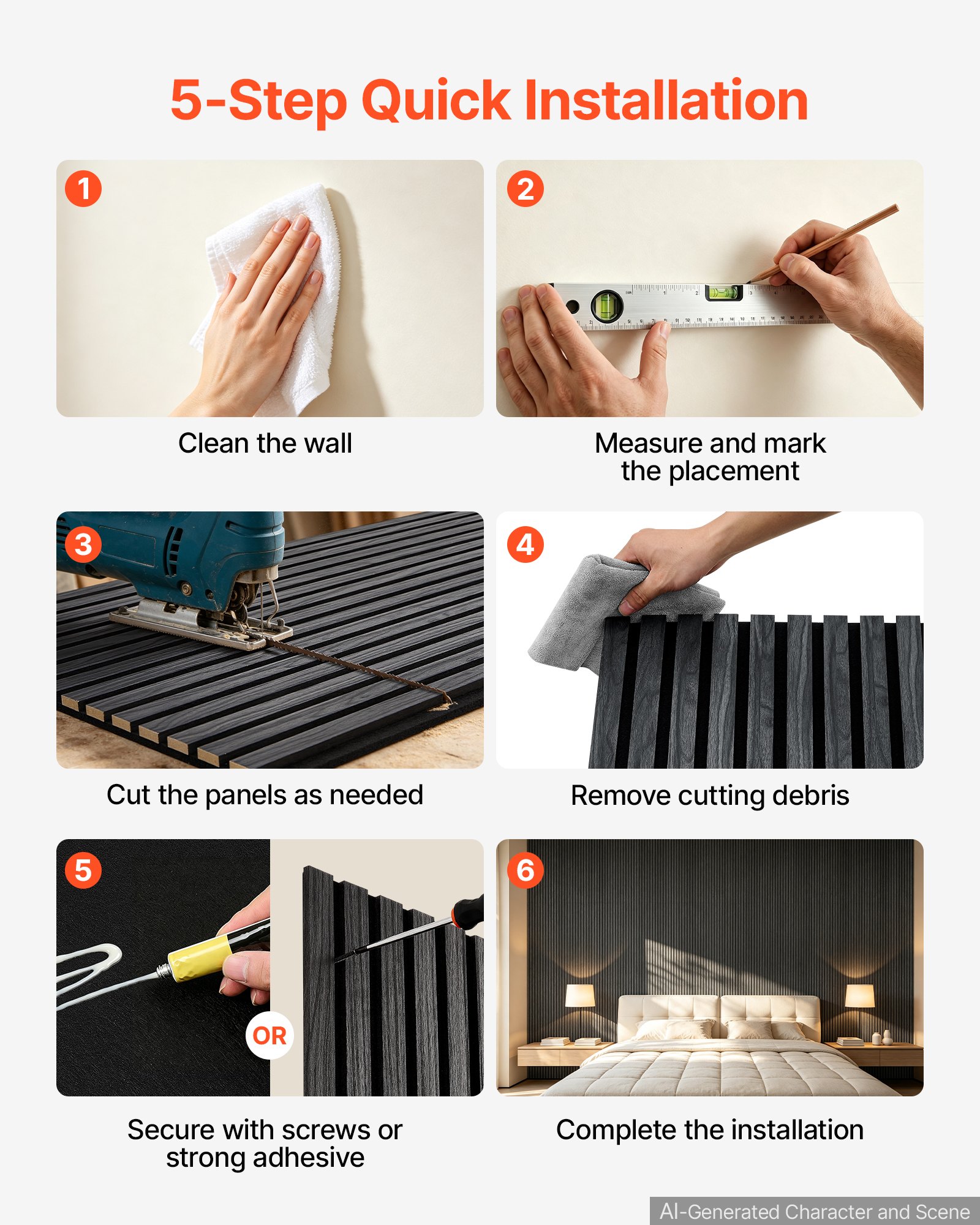 VEVOR Wood Wall Panels, 1200 x 600 mm, Acoustic Slat Panels, Black Oak, Sound Absorbing for Living Rooms, Bedrooms, Offices, Studios, Interior Wall Decor, MDF & PET Construction, Screw Kit, 6-Pack