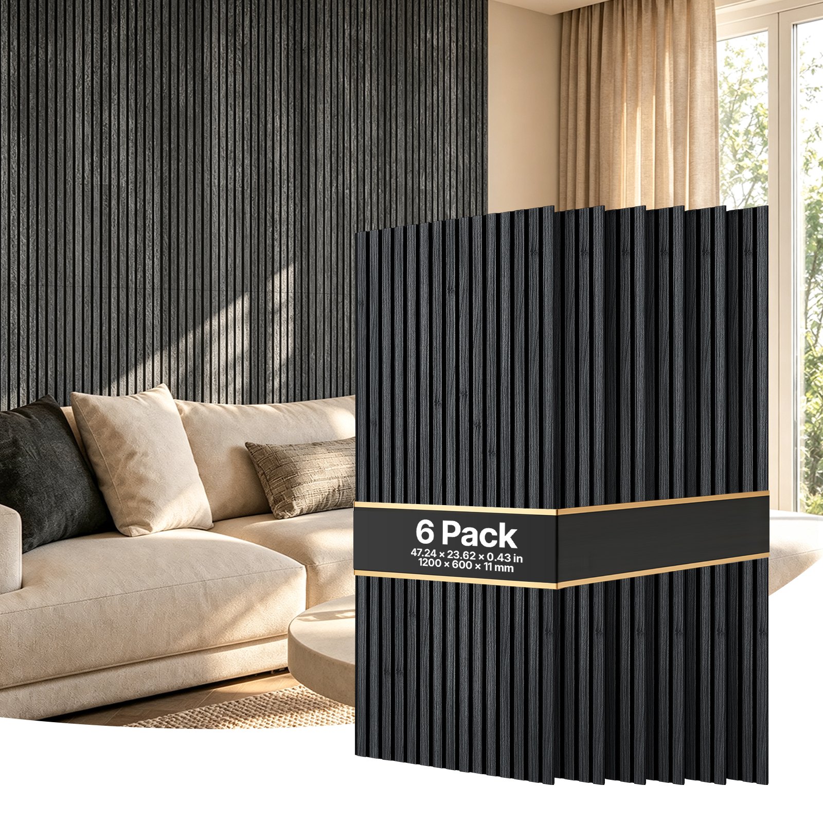VEVOR Wood Wall Panels, 1200 x 600 mm, Acoustic Slat Panels, Black Oak, Sound Absorbing for Living Rooms, Bedrooms, Offices, Studios, Interior Wall Decor, MDF & PET Construction, Screw Kit, 6-Pack