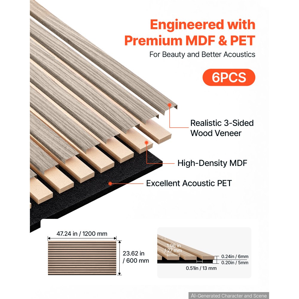 VEVOR Wood Wall Panels, 1200 x 600 mm, Acoustic Slat Panels, Walnut, Sound Absorbing for Living Rooms, Bedrooms, Offices, Studios, Interior Wall Decor, MDF & PET Construction, Screw Kit, 6-Pack