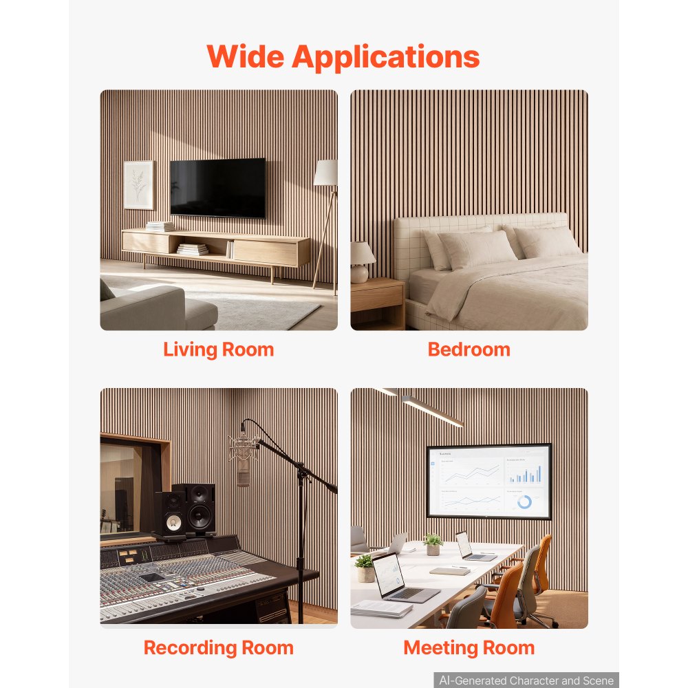 VEVOR Wood Wall Panels, 1200 x 600 mm, Acoustic Slat Panels, Walnut, Sound Absorbing for Living Rooms, Bedrooms, Offices, Studios, Interior Wall Decor, MDF & PET Construction, Screw Kit, 6-Pack