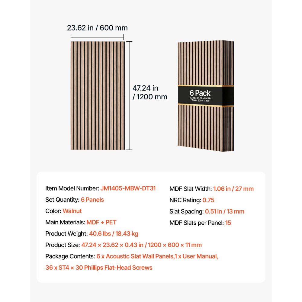 VEVOR Wood Wall Panels, 1200 x 600 mm, Acoustic Slat Panels, Walnut, Sound Absorbing for Living Rooms, Bedrooms, Offices, Studios, Interior Wall Decor, MDF & PET Construction, Screw Kit, 6-Pack