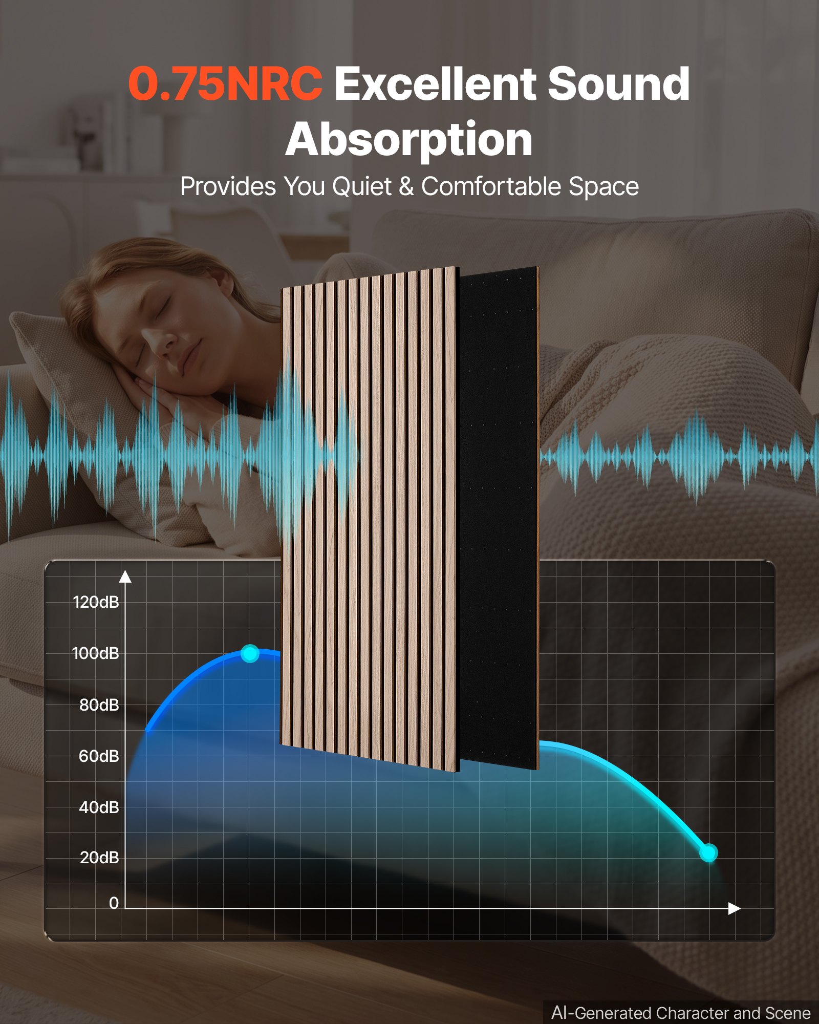 VEVOR Wood Wall Panels, 1200 x 600 mm, Acoustic Slat Panels, Walnut, Sound Absorbing for Living Rooms, Bedrooms, Offices, Studios, Interior Wall Decor, MDF & PET Construction, Screw Kit, 6-Pack