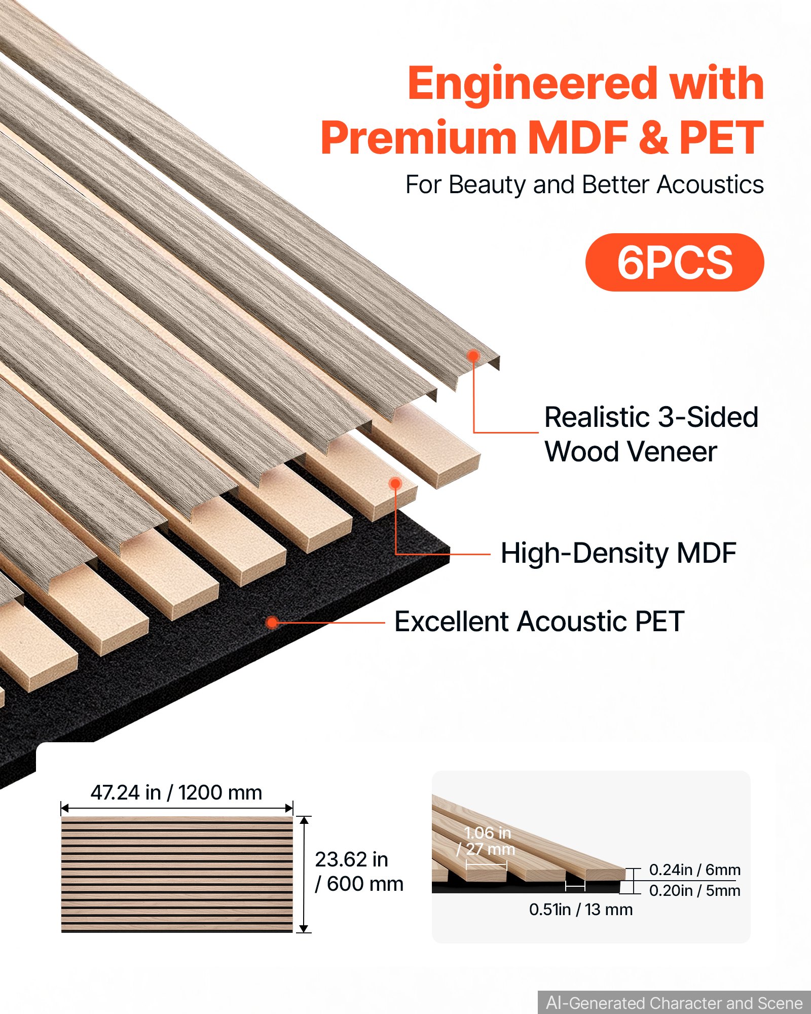 VEVOR Wood Wall Panels, 1200 x 600 mm, Acoustic Slat Panels, Walnut, Sound Absorbing for Living Rooms, Bedrooms, Offices, Studios, Interior Wall Decor, MDF & PET Construction, Screw Kit, 6-Pack