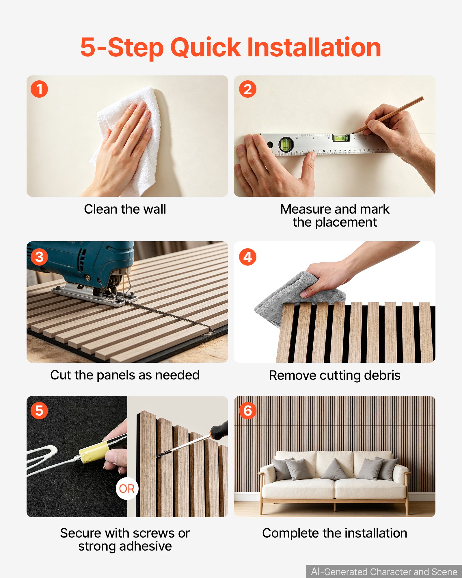 VEVOR Wood Wall Panels, 1200 x 600 mm, Acoustic Slat Panels, Walnut, Sound Absorbing for Living Rooms, Bedrooms, Offices, Studios, Interior Wall Decor, MDF & PET Construction, Screw Kit, 6-Pack