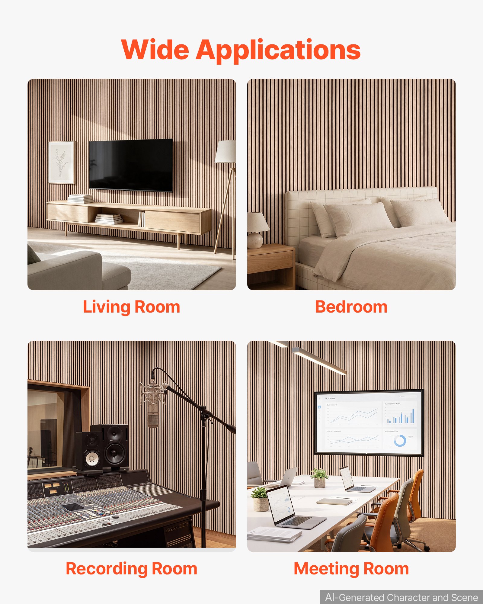 VEVOR Wood Wall Panels, 1200 x 600 mm, Acoustic Slat Panels, Walnut, Sound Absorbing for Living Rooms, Bedrooms, Offices, Studios, Interior Wall Decor, MDF & PET Construction, Screw Kit, 6-Pack