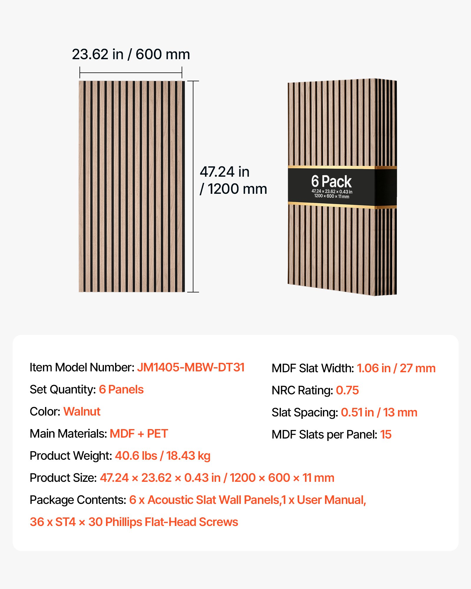 VEVOR Wood Wall Panels, 1200 x 600 mm, Acoustic Slat Panels, Walnut, Sound Absorbing for Living Rooms, Bedrooms, Offices, Studios, Interior Wall Decor, MDF & PET Construction, Screw Kit, 6-Pack