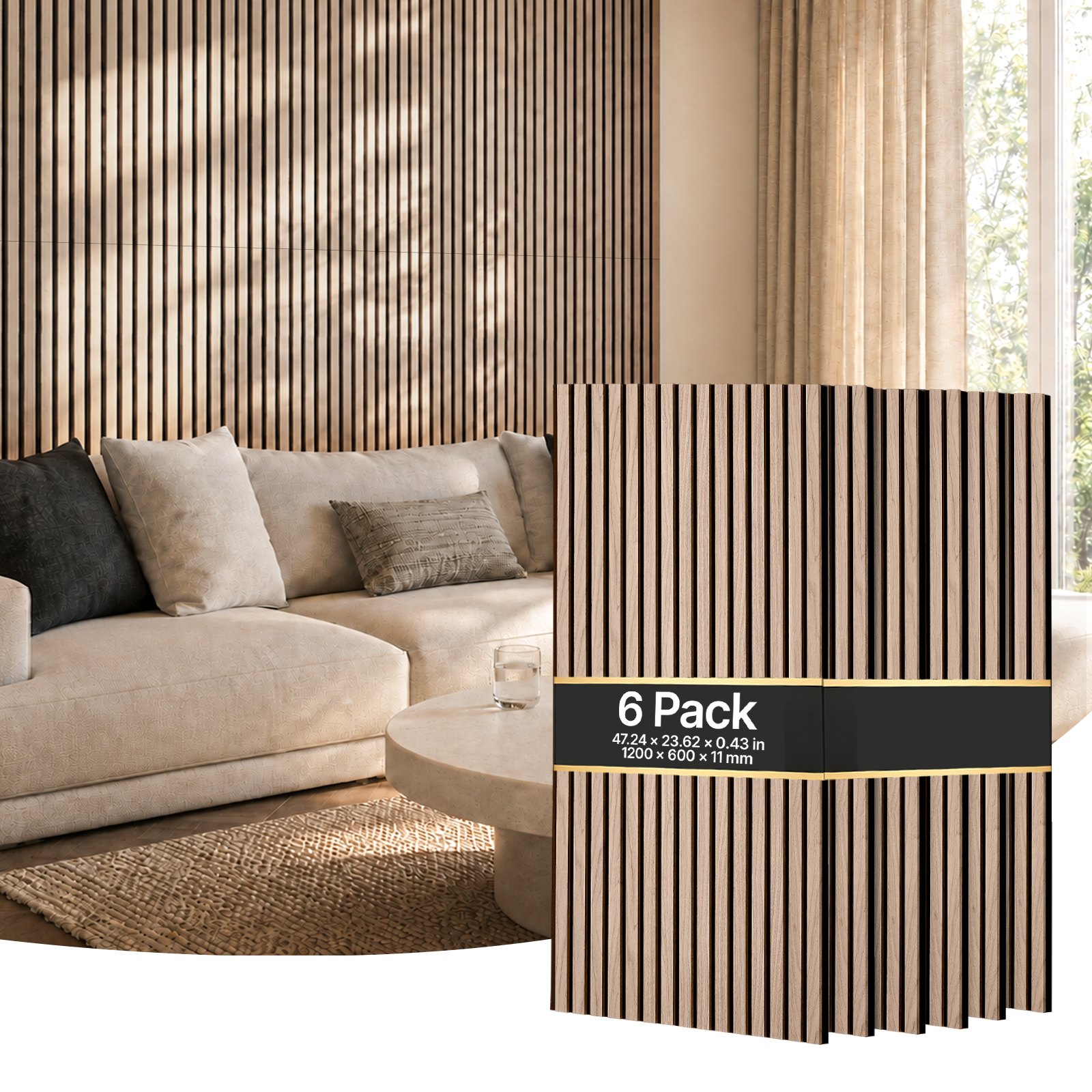 VEVOR Wood Wall Panels, 1200 x 600 mm, Acoustic Slat Panels, Walnut, Sound Absorbing for Living Rooms, Bedrooms, Offices, Studios, Interior Wall Decor, MDF & PET Construction, Screw Kit, 6-Pack