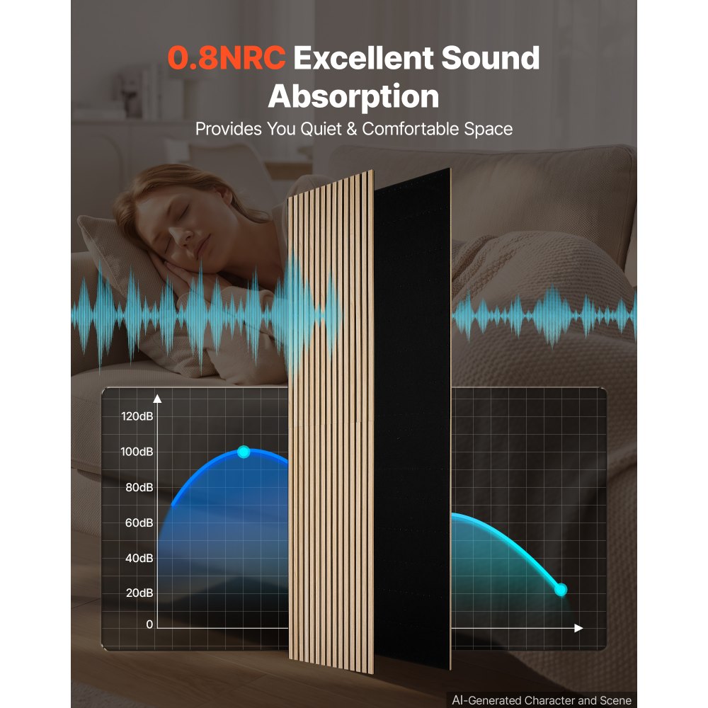 VEVOR Wood Wall Panels, 2400 x 600 mm, Acoustic Slat Panels, Oak Finish, Sound Absorbing for Living Rooms, Bedrooms, Offices, Studios, Interior Wall Decor, MDF & PET Construction, Screw Kit, 2-Pack
