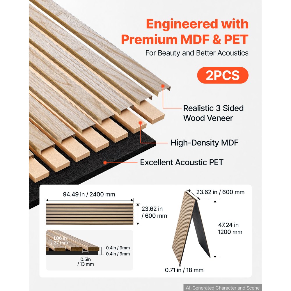 VEVOR Wood Wall Panels, 2400 x 600 mm, Acoustic Slat Panels, Oak Finish, Sound Absorbing for Living Rooms, Bedrooms, Offices, Studios, Interior Wall Decor, MDF & PET Construction, Screw Kit, 2-Pack