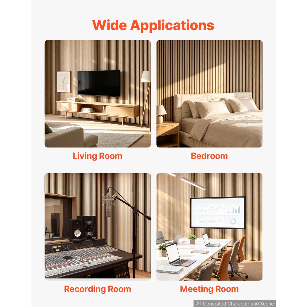 VEVOR Wood Wall Panels, 2400 x 600 mm, Acoustic Slat Panels, Oak Finish, Sound Absorbing for Living Rooms, Bedrooms, Offices, Studios, Interior Wall Decor, MDF & PET Construction, Screw Kit, 2-Pack